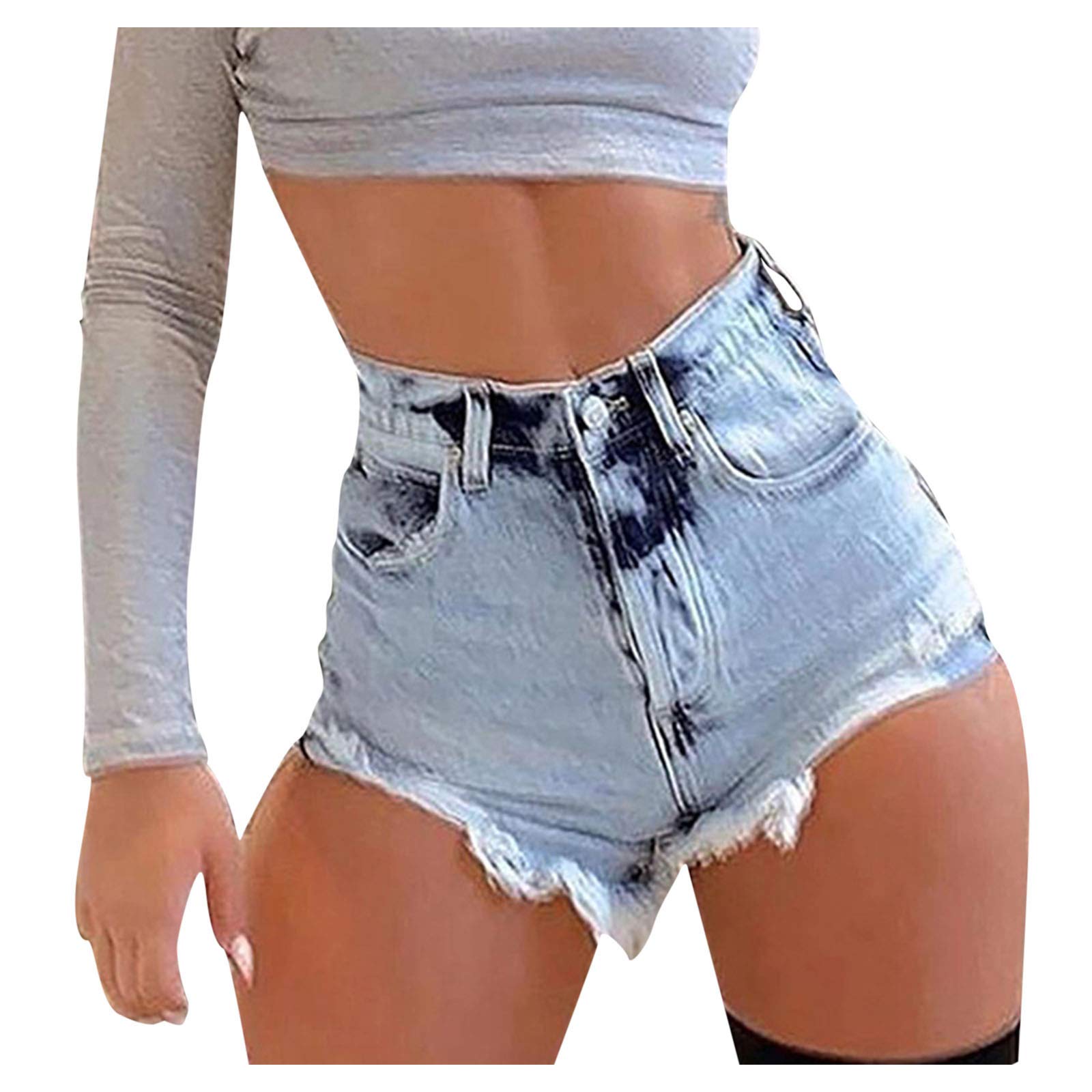 Women's Distressed Denim Shorts with Frayed Raw Hem & Ripped Details - High Waisted Stretchy Jean Shorts for Summer | Perfect for Beach, Music Festivals & Casual Outings