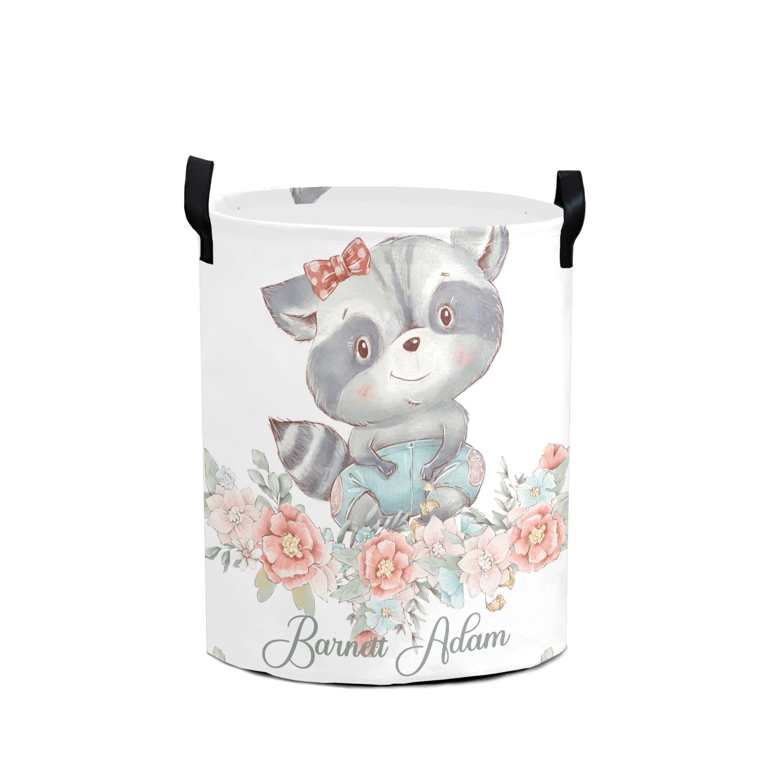 Personalized Laundry Hamper with Handles - Cute Raccoon & Spring Flower Design, Collapsible Waterproof Clothes Storage Basket (50L) for Bedroom, Bathroom, College Dorm - Perfect for Dirty Clothes, Toys & Home Organization