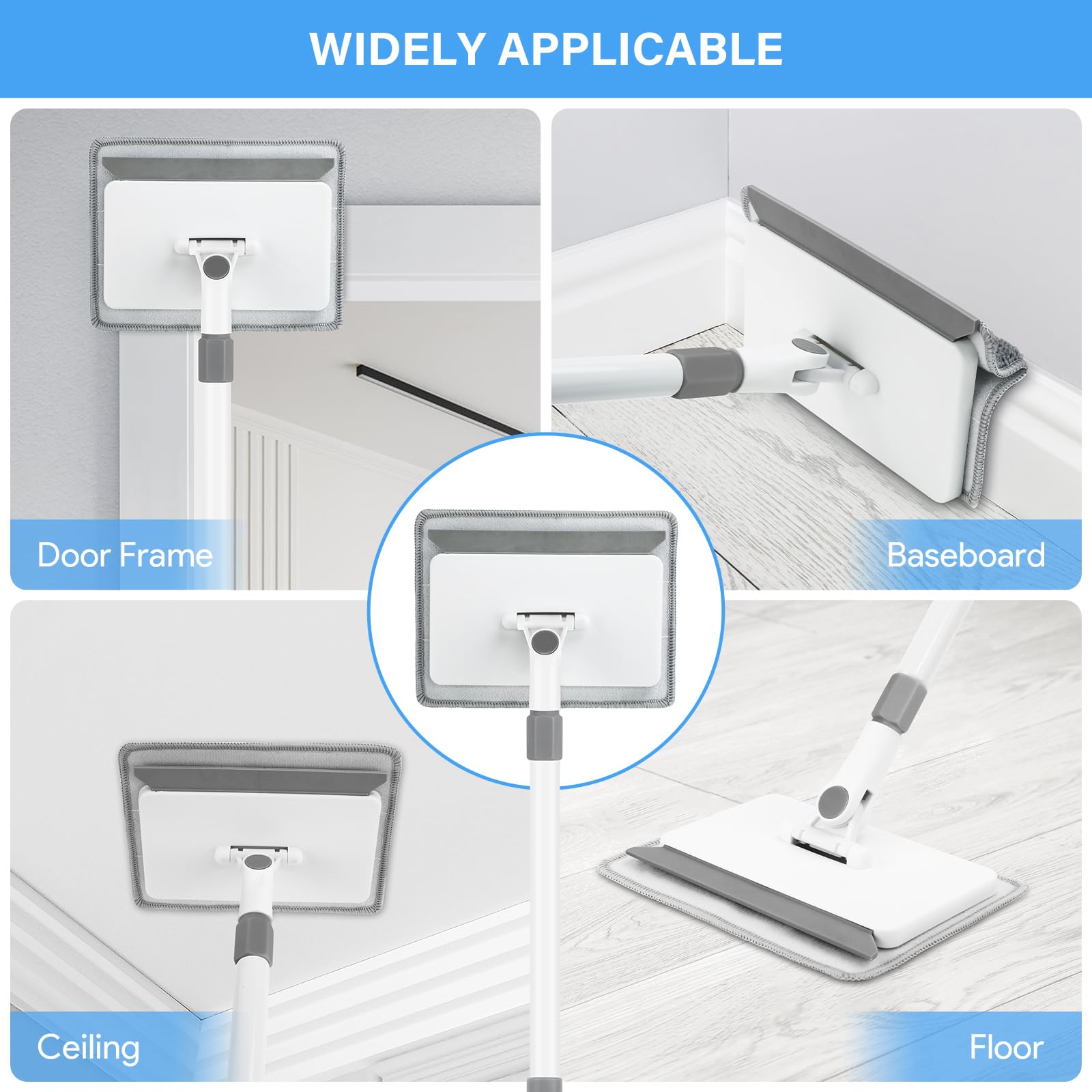 Deluxe Extendable Baseboard Cleaner with Long Handle - 4 Reusable Cleaning Pads for Walls, Ceilings, Floors - Perfect for Bathroom, Kitchen & Shower Cleaning - Multi-Surface Cleaning Tool for Home & Office