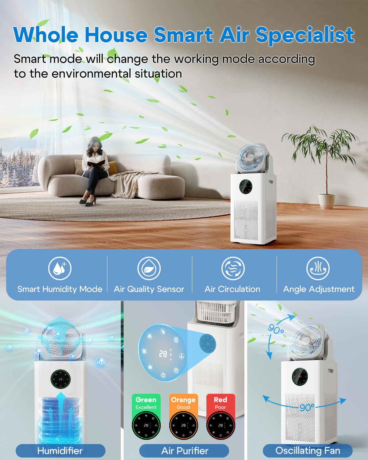 YOKEKON 4L Air Purifier and Humidifier Combo with Oscillating Fan - 2-in-1 Evaporative Humidifier for Large Rooms, Bedroom, Office - Quiet Sleep Mode, Timer Function - Ideal for Baby, Adults & Home Use (White)