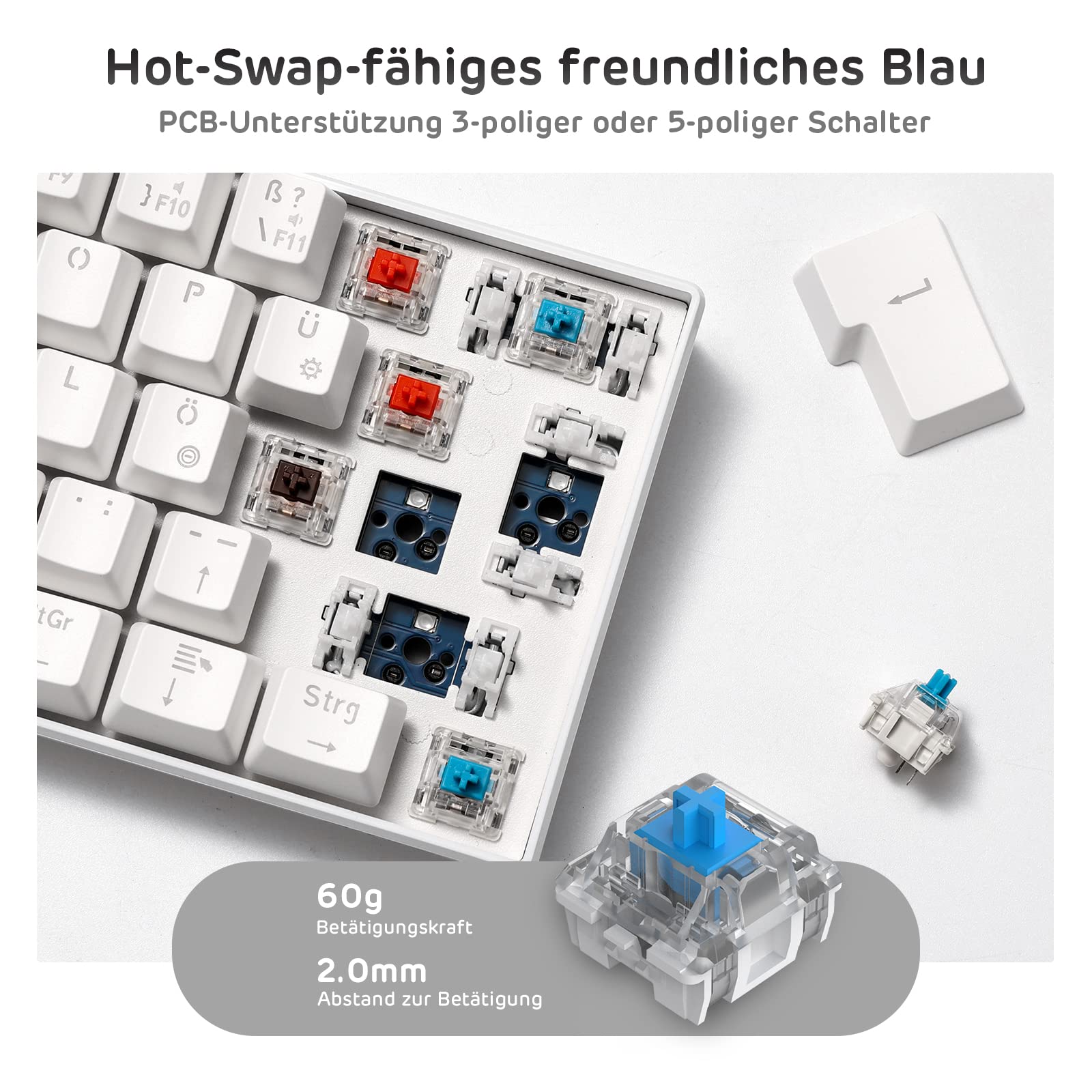 RK ROYAL KLUDGE RK61-DE 60% Wireless Mechanical Gaming Keyboard - Bluetooth/2.4GHz/USB-C Wired, Hot-Swappable Blue Switches, 61 Keys, White, QWERTZ German Layout for Windows & Mac - Perfect for Gaming, Office Work & Programming