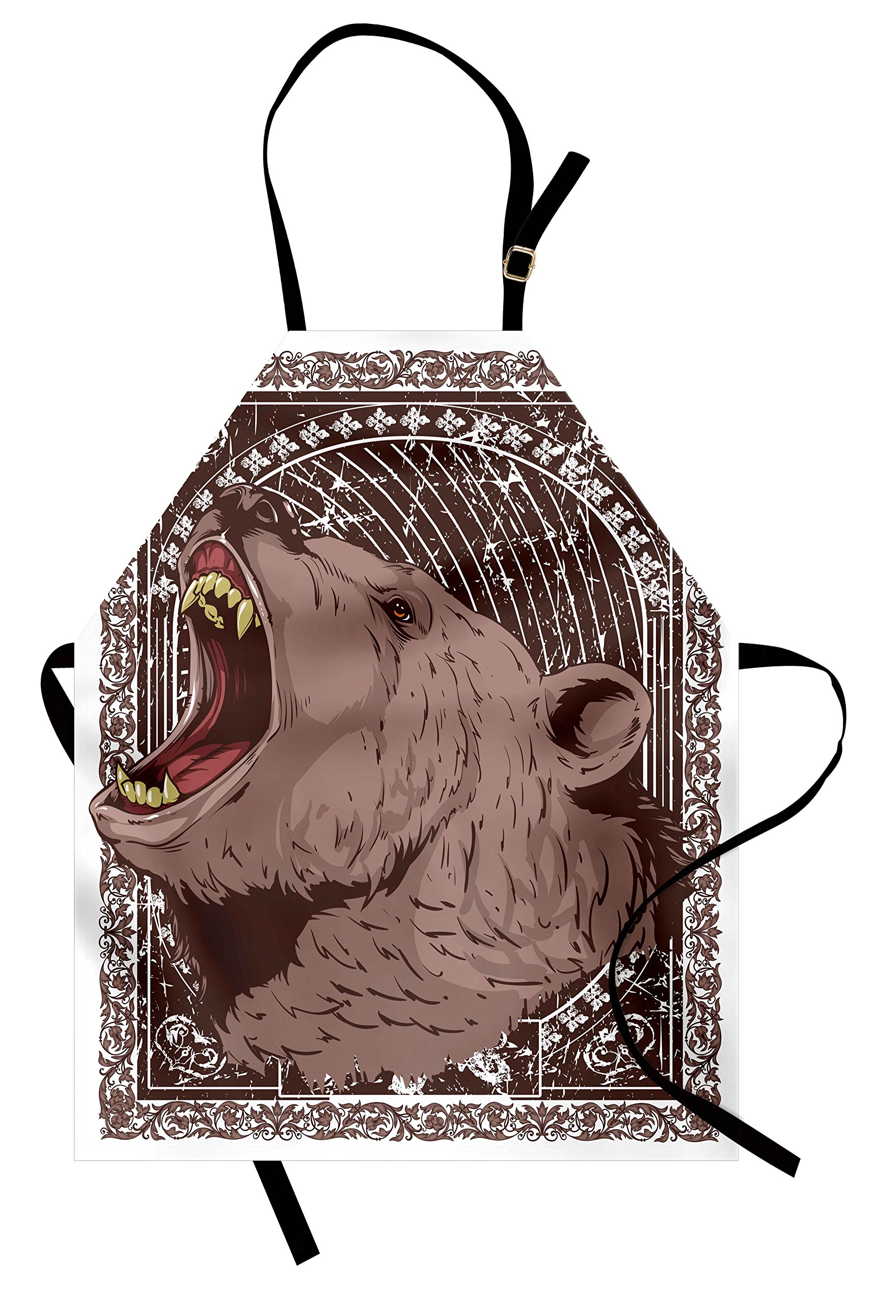 Ambesonne Animal Print Apron - Grizzly Bear Head Design with Sharp Teeth - Adjustable Neck Unisex Kitchen Bib for Cooking, Baking & Grilling - Perfect for BBQ, Gardening & Outdoor Activities - Adult Size White & Brown Apron