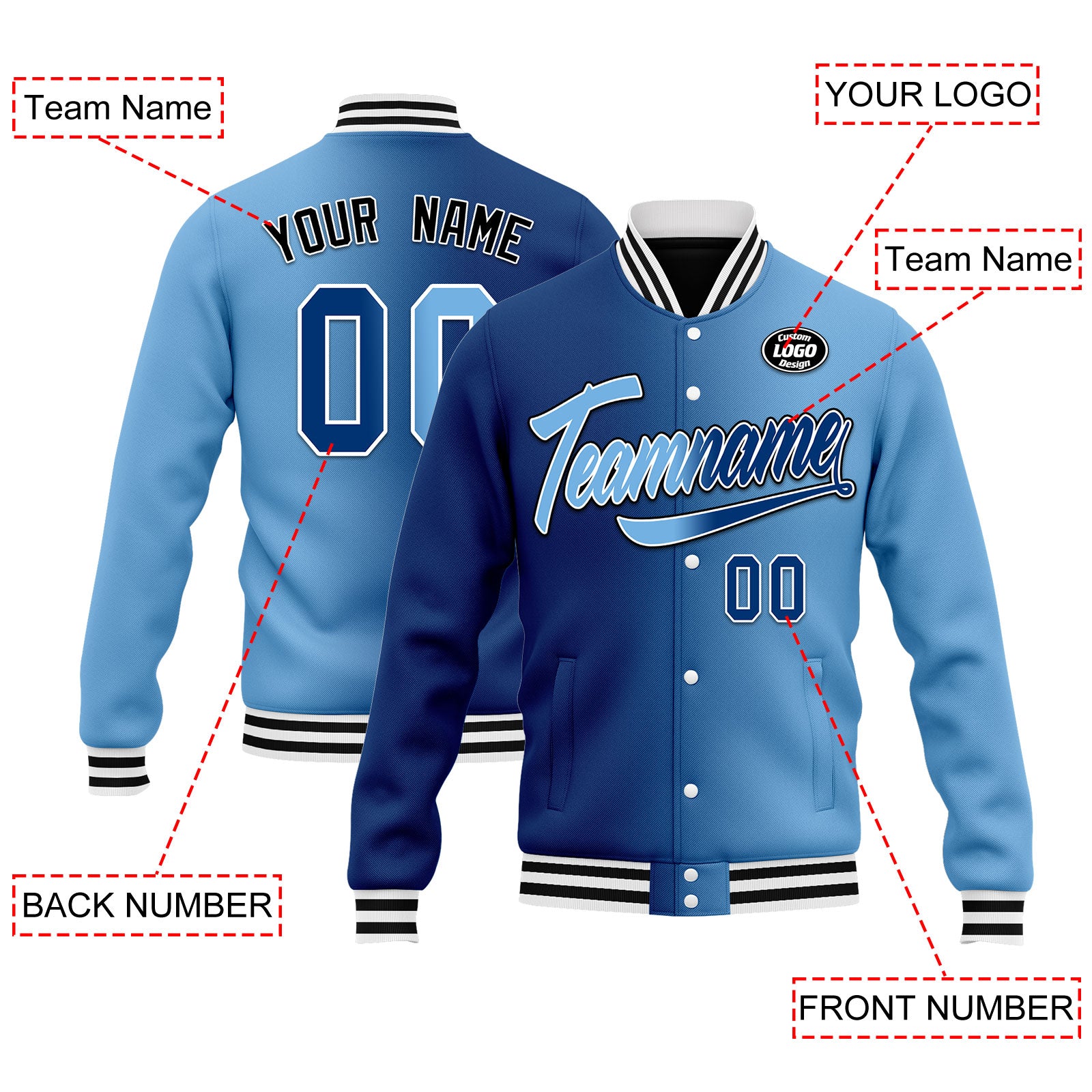 Custom Gradient Fashion Bomber Jacket - Full Snap Varsity Letterman Jacket - Personalized Embroidered Design (FZ005 D028016) - Perfect for School Sports, Streetwear Fashion & Casual Outfits