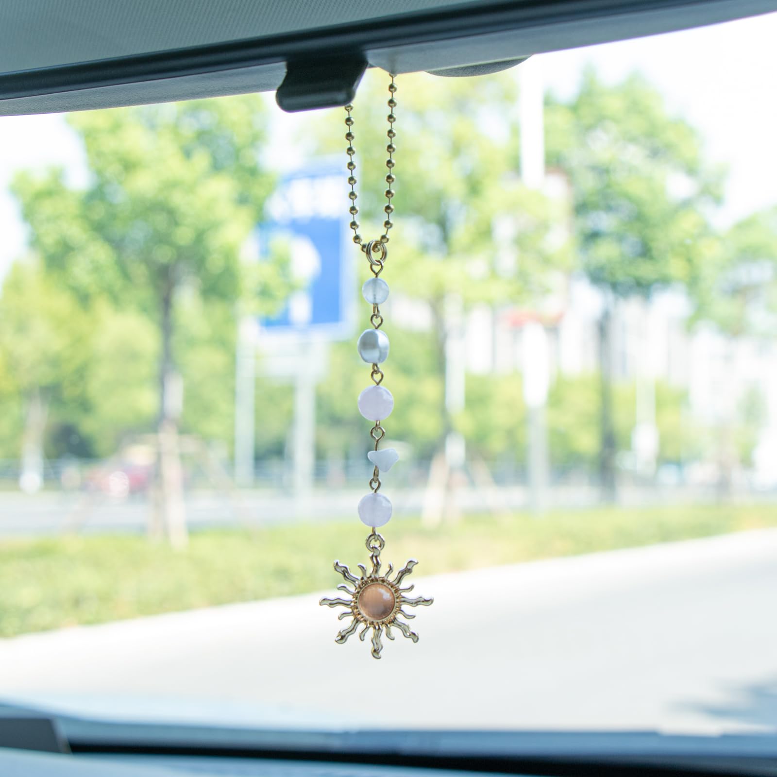 Boho Sun Hanging Car Decor - Handmade Rear View Mirror Charm with Natural Pink Crystal Stones | Cute Car Accessories for Women | Perfect for Road Trips, Daily Commutes & Car Interior Decoration