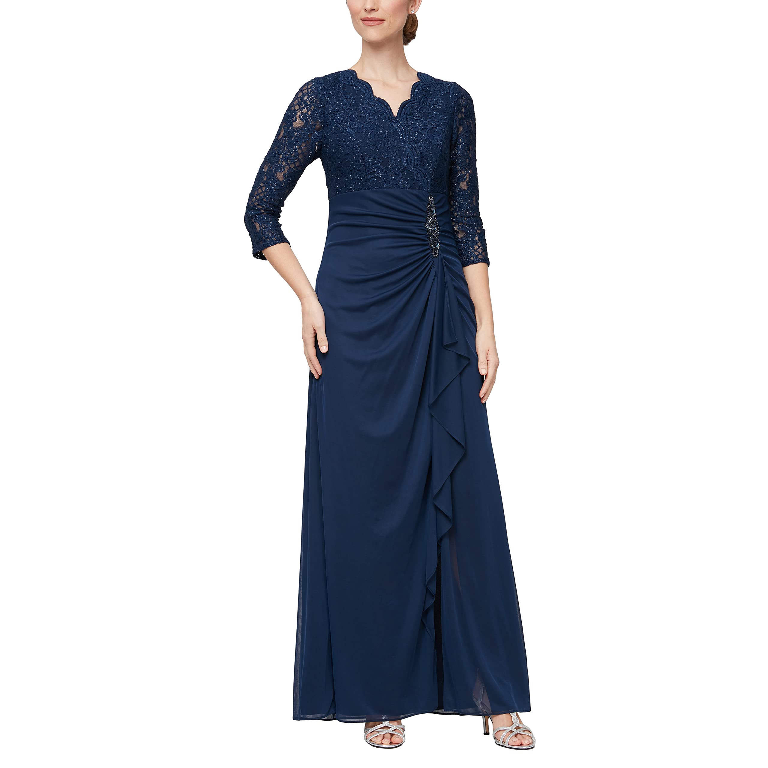 Alex Evenings Women's Long Lace Top Empire Waist Dress - Elegant Formal Evening Gown for Weddings, Prom & Special Occasions