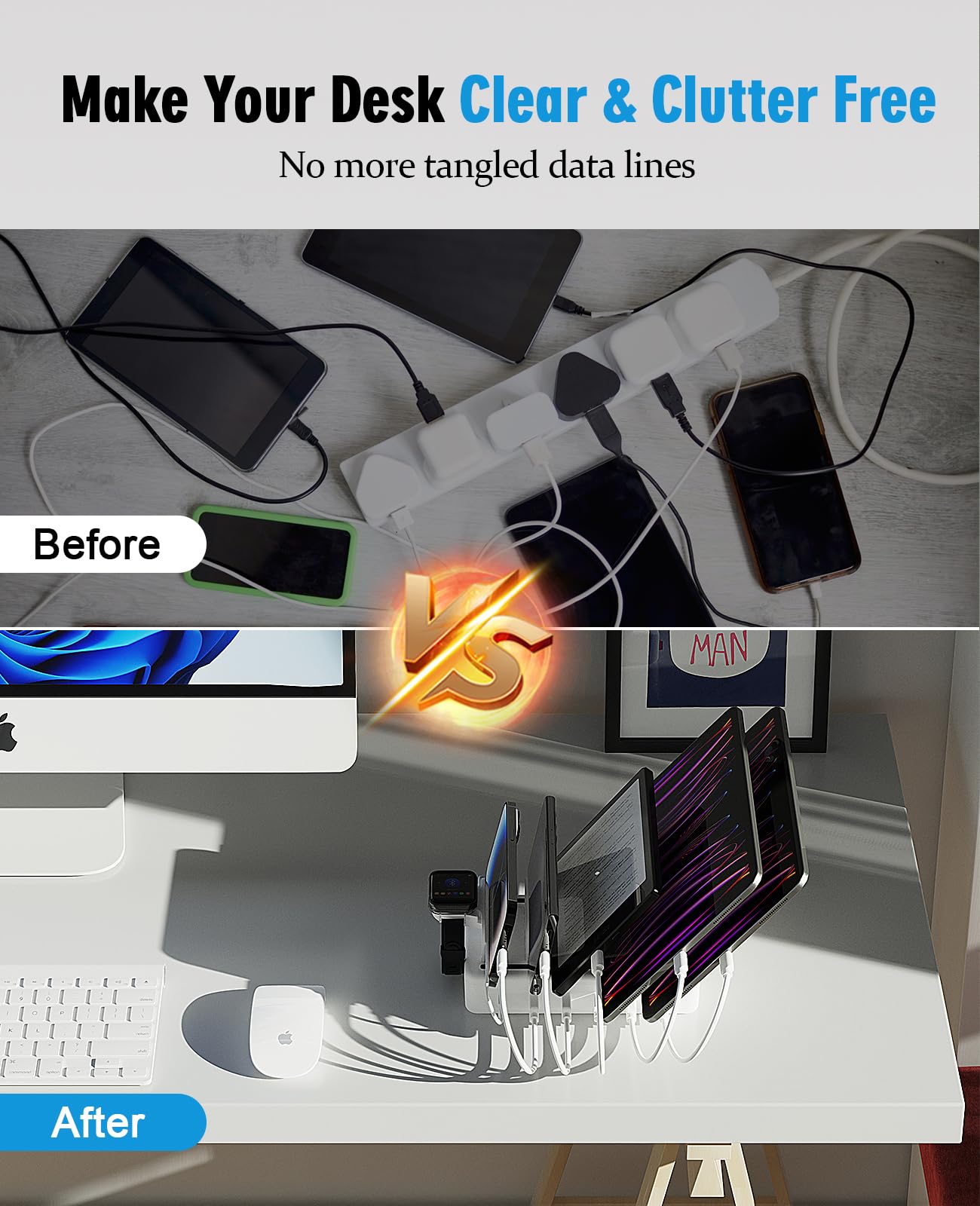 2025 New 6-Port USB Fast Charging Station - 50W Multi-Device Charger Dock with Watch Charger for iPhone, Android, iPad, Kindle & Smartwatches - Perfect for Home, Office & Travel Organization
