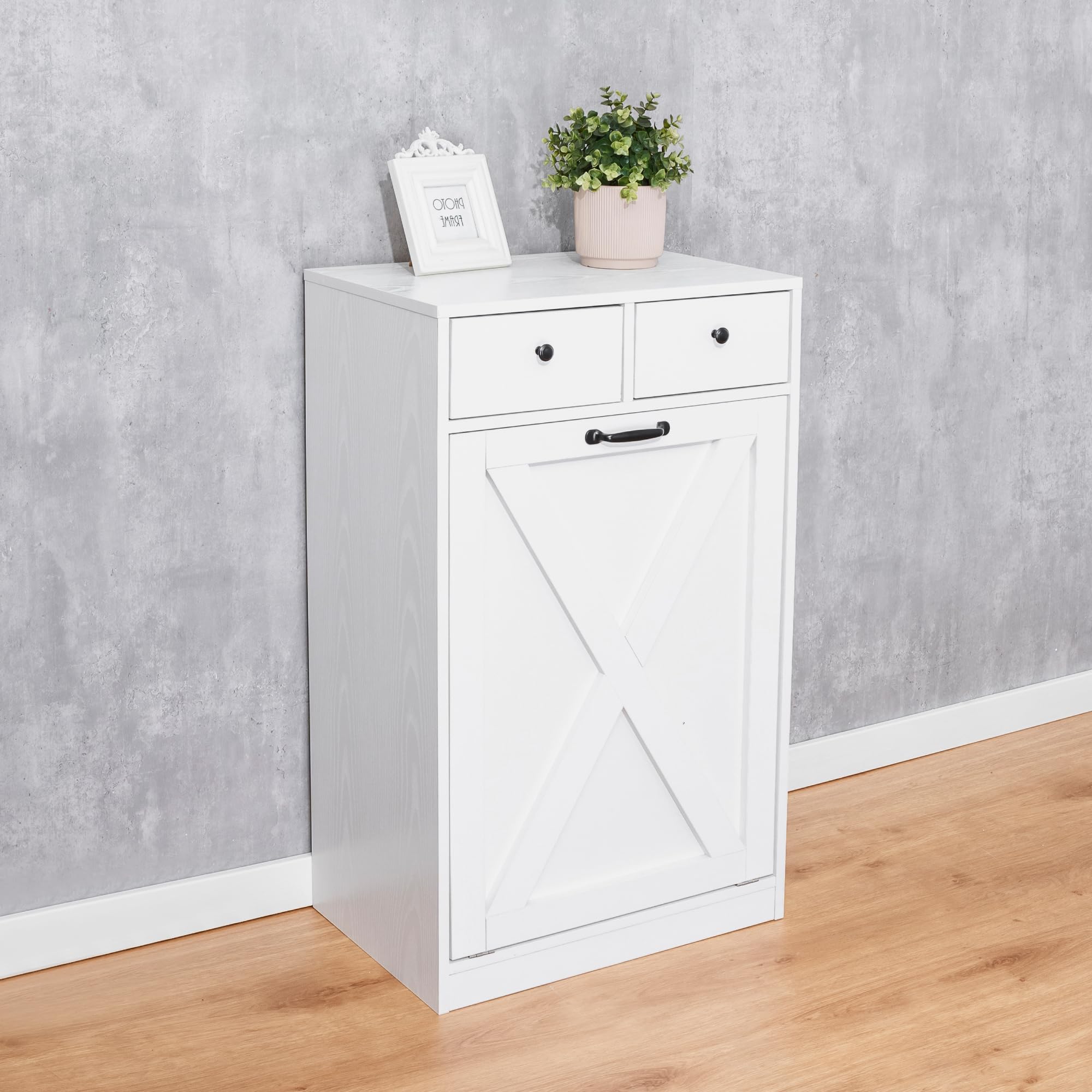 13 Gallon Tilt-Out Trash Cabinet with 2 Drawers - White Wooden Hidden Kitchen Recycling Storage - Free Standing Pet Proof Trash Can & Laundry Organizer - Perfect for Kitchens, Pantries & Utility Rooms