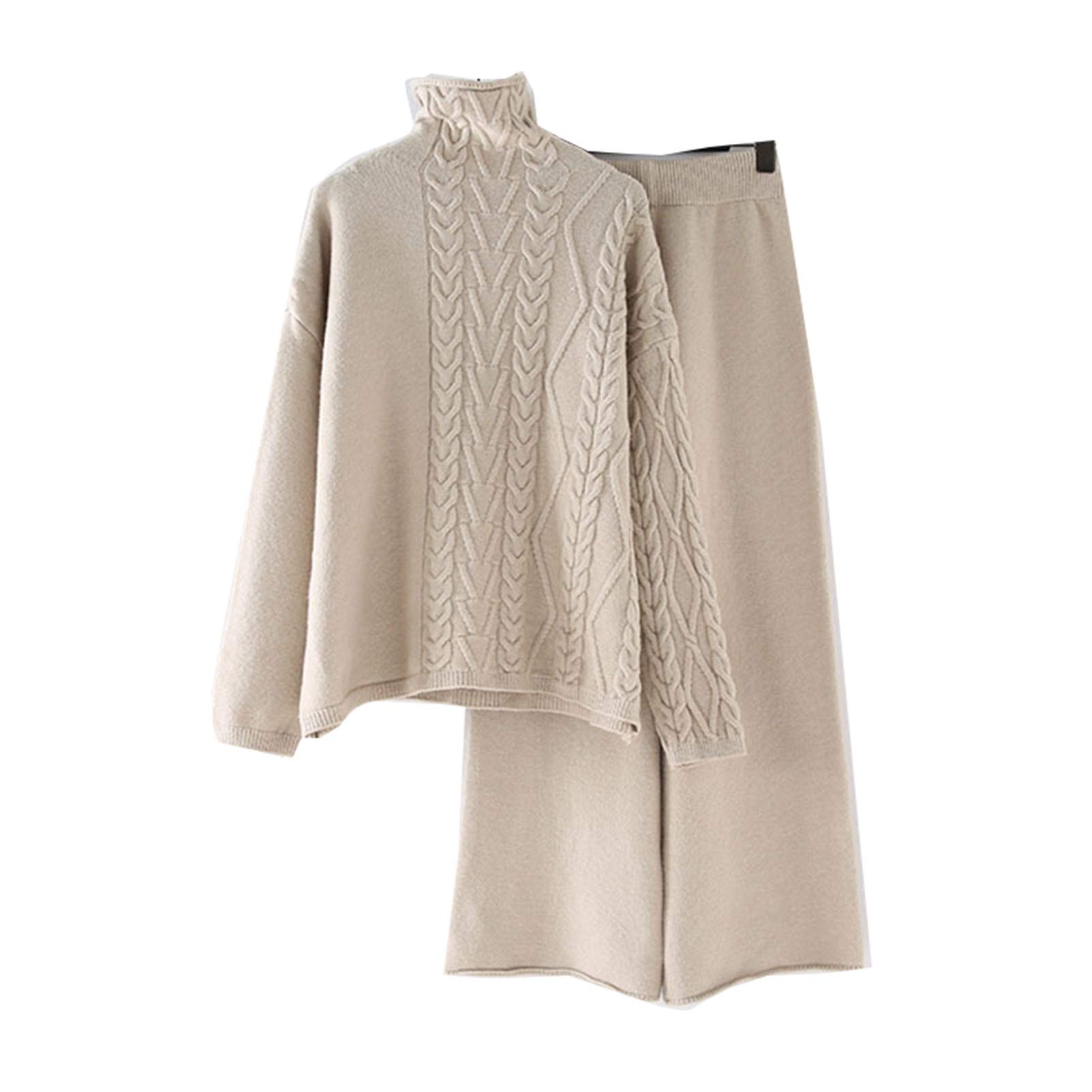 Women's Knitted Sweater & Wide Leg Pants 2-Piece Outfit Set - Cozy Winter Loungewear for Home & Casual Wear