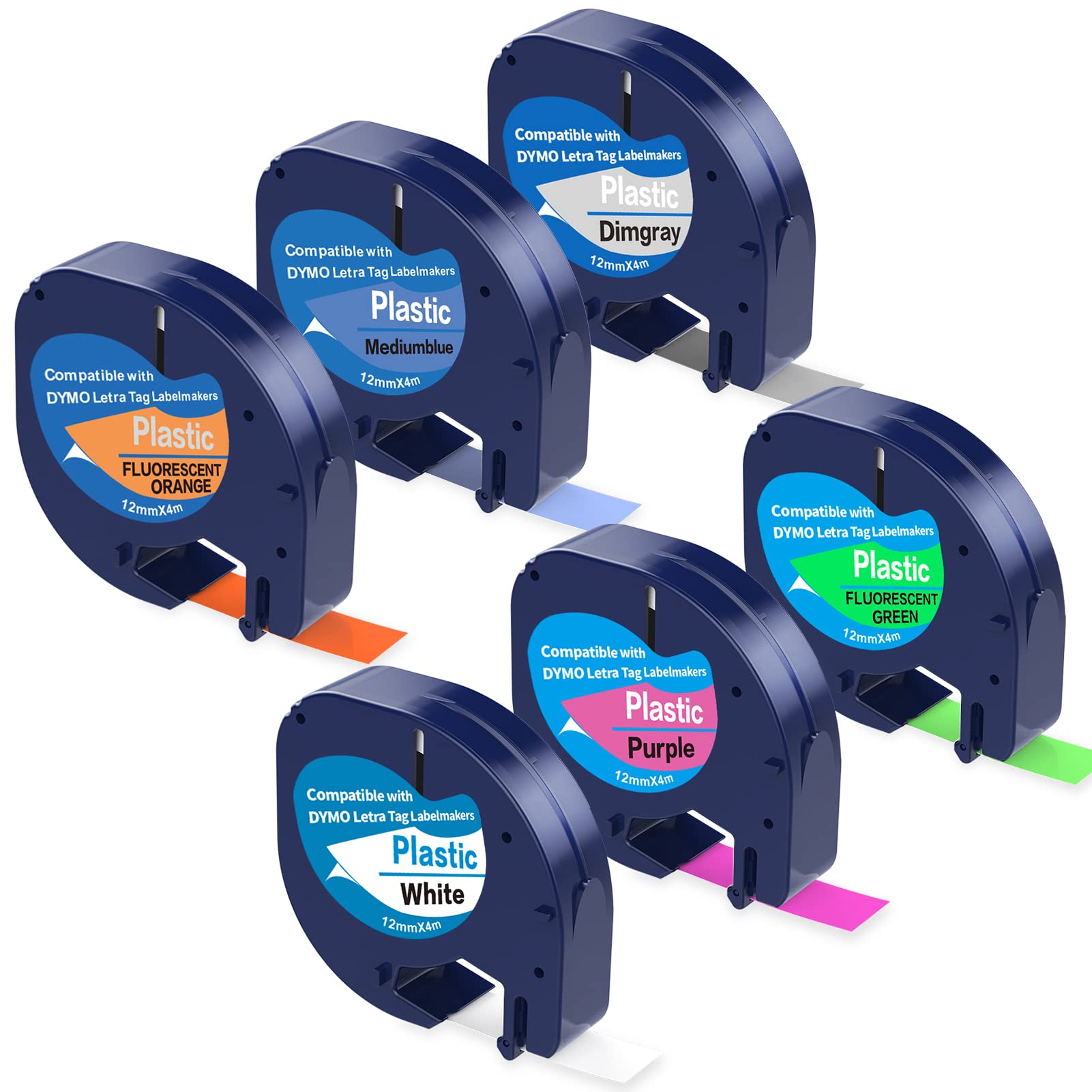 6-Pack Fluorescent Label Maker Tapes - Compatible with DYMO LT-100T, LT-100H, QX50 Label Makers - 12mm x 4m Plastic Refill Tapes for Office Organization, School Supplies & Home Labeling Needs