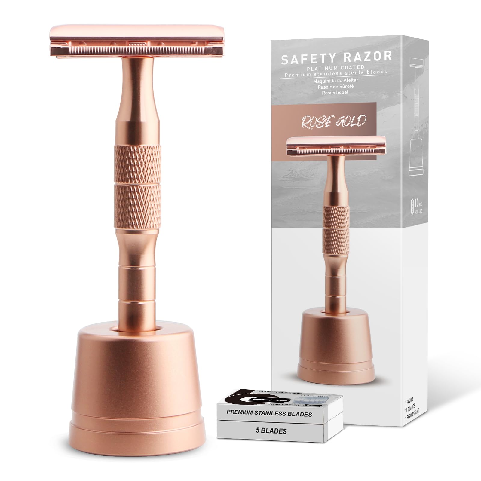 Premium Double Edge Safety Razor with Stand - Reusable Metal Razor for Men & Women - Includes 10 Platinum Coated Blades - Rose Gold Face Shaving Razor - Sustainable Shaving Kit for Smooth Skin - Perfect for Daily Shaving, Travel & Eco-Friendly Grooming Routine