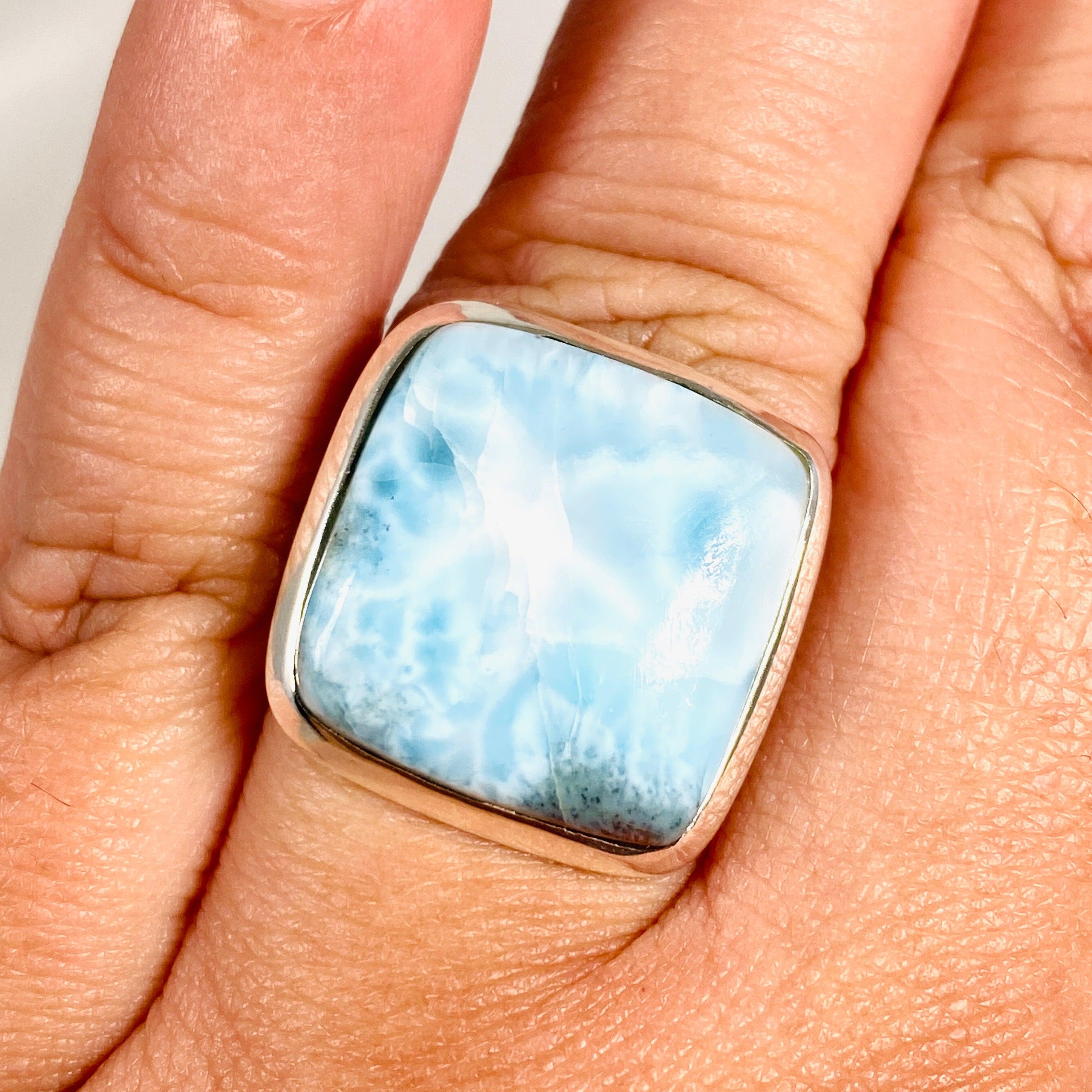 Larimar Square Ring Size 10 - Genuine Blue Stone Silver Jewelry for Women - Perfect for Beach Vacation, Boho Fashion & Gift Giving