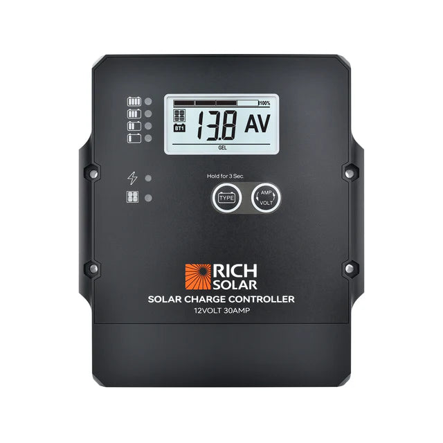 Rich Solar 30 Amp PWM Solar Charge Controller for RV, Boat, Off-Grid Power System - Waterproof & Efficient Solar Panel Regulator