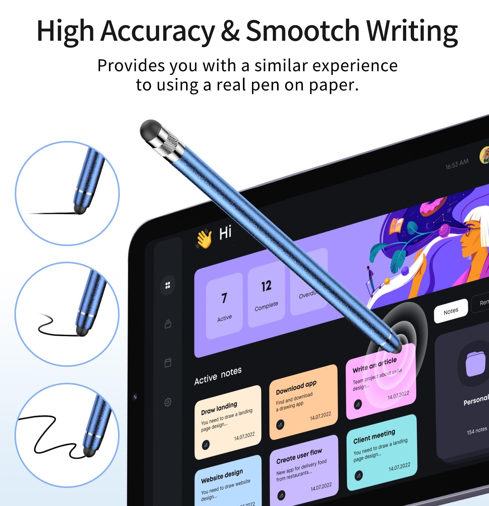 6 Pack Stylus Pens for iPad, iPhone, Android & Touchscreen Devices - Black/Silver/Purple/Green/Blue/Rose Gold - Perfect for Drawing, Note-Taking & Digital Signatures