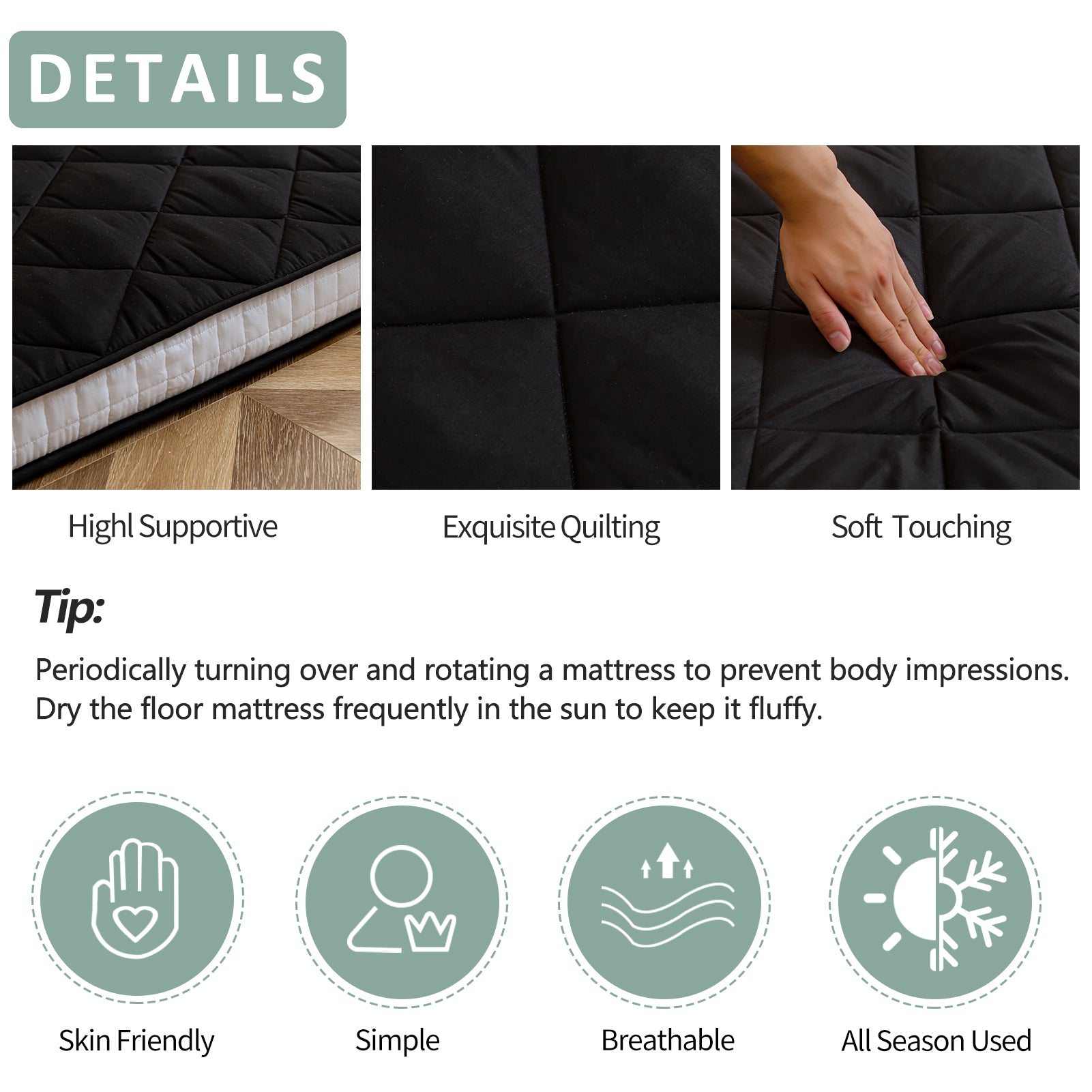 MAXYOYO Extra Thick Foldable Japanese Floor Mattress - Black | Comfortable Futon for Guest Bed, Camping & Small Space Living