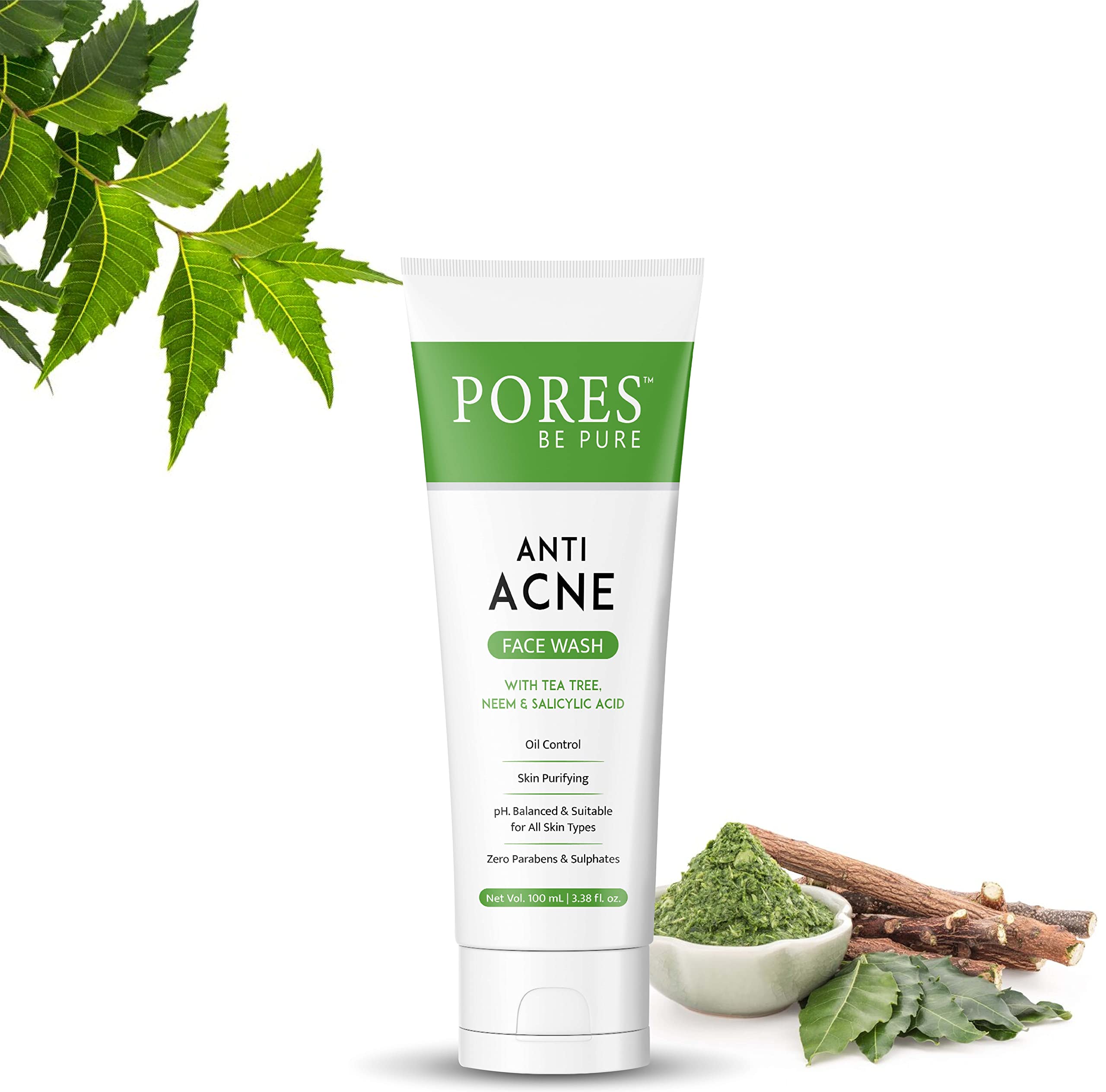 PORES Be Pure Anti Acne Gel Face Wash with 1% Salicylic Acid, Tea Tree & Neem - Oil Control & Acne Treatment for Oily & Acne-Prone Skin - Gentle Cleanser for Women & Men (100mL) - Perfect for Daily Skincare Routine & Acne Prevention