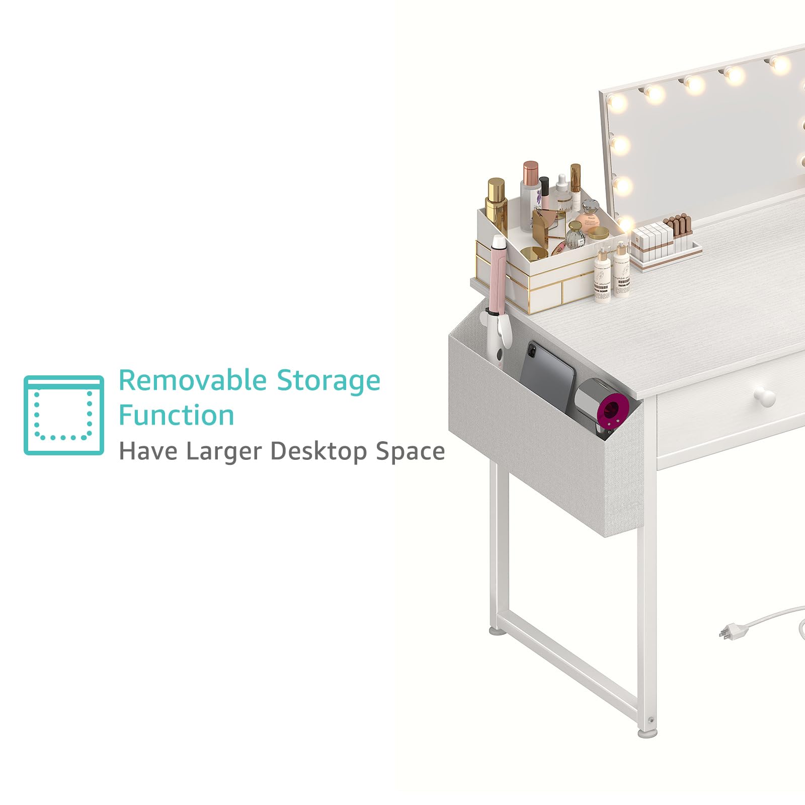 Modern White Makeup Vanity Desk Set with Fabric Drawers & Power Outlet - Small Dressing Table with Matching Chair for Girls Bedroom - Perfect for Beauty Routine, Cosmetics Storage & Bedroom Decor