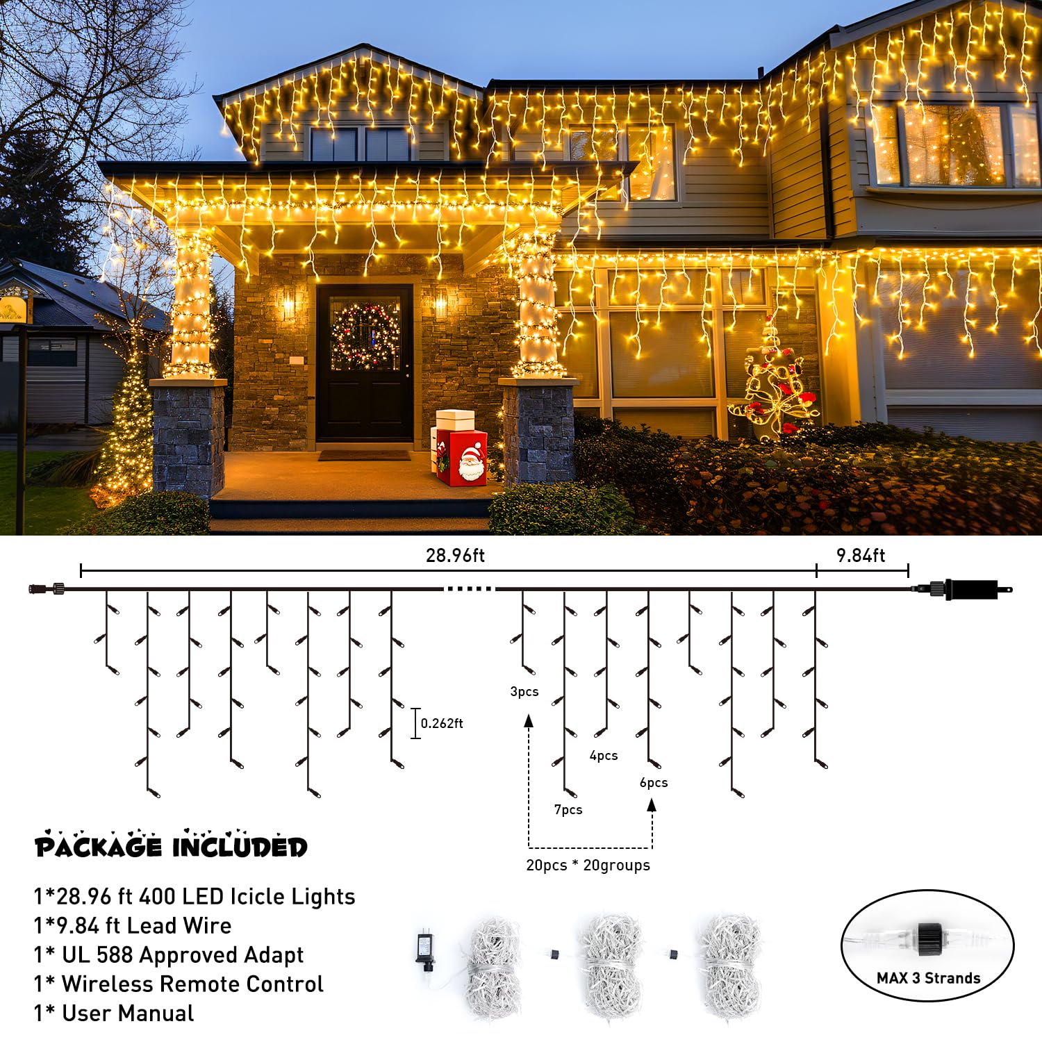 JMEXSUSS 38.8FT 400 LED Warm White Icicle Christmas Lights - Outdoor/Indoor Waterproof Plug-in Holiday Lights with Remote Control for Wedding, House, Fireplace, Christmas Tree & Holiday Decorations - Perfect for Winter, Party & Home Decoration