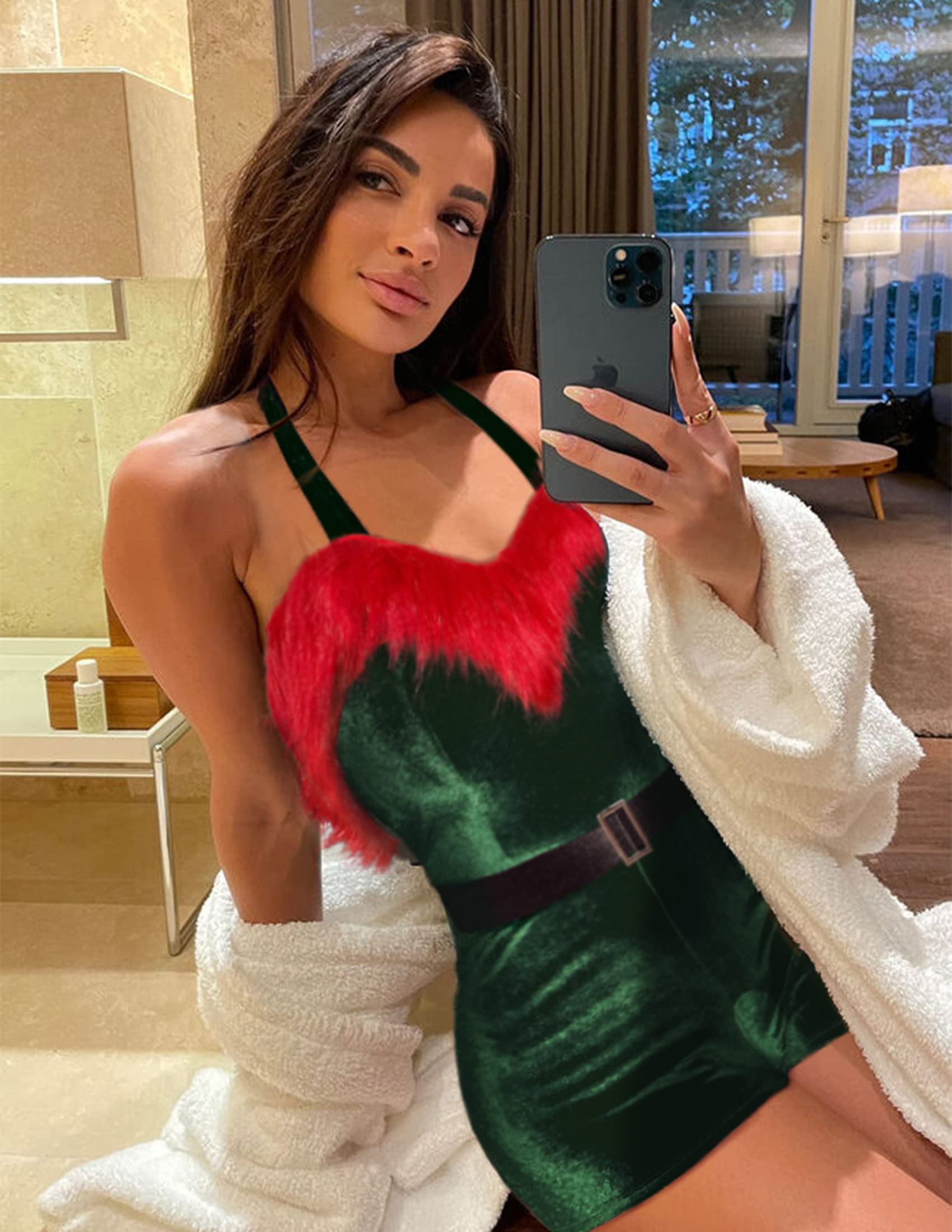 Avidlove Women's Sexy Santa Costume Velvet Romper Christmas Shorts Bodysuit Lingerie with Belt - Perfect for Holiday Parties, Cosplay & Festive Nights