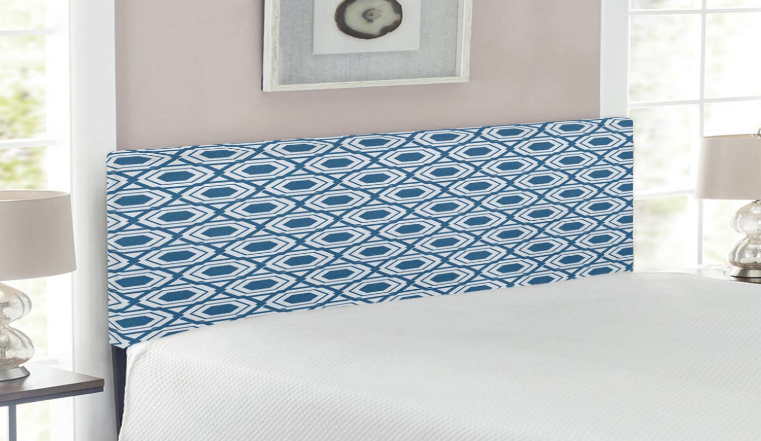 Ambesonne Eastern Floral Vintage Japanese Queen Size Headboard - Upholstered Decorative Metal Bed Frame with Memory Foam | Blue White Traditional Oval Petals Design | Perfect for Master Bedroom, Guest Room & Home Decor