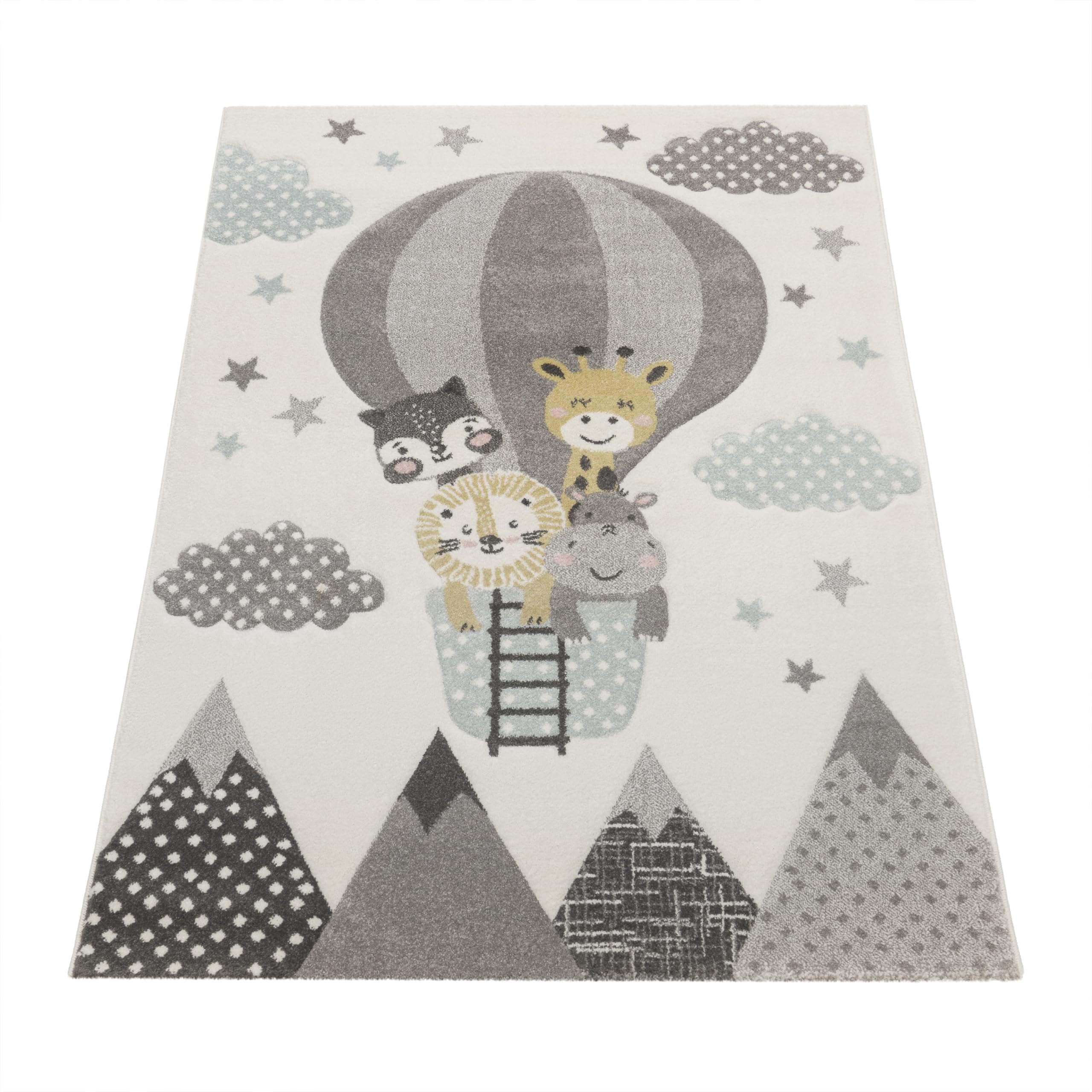 Soft Pastel Kids Rug with Cute Animals on Hot Air Balloon - 4'7