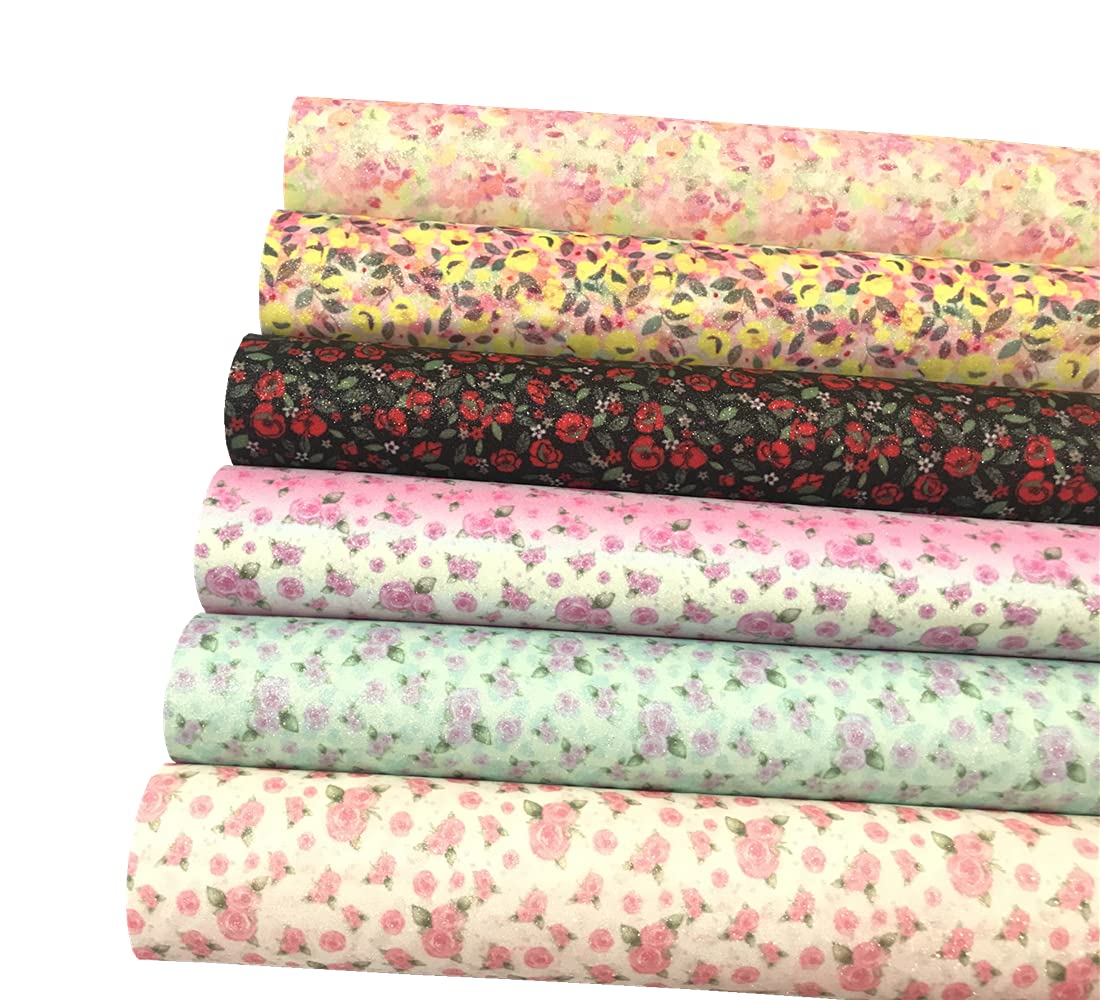 DYBEAUTY 6-Piece A4 Size Rose Flower Printed Faux Leather Sheets - Superfine Glitter Synthetic PU Leather for DIY Crafts, Scrapbooking, Card Making & Handmade Decorations