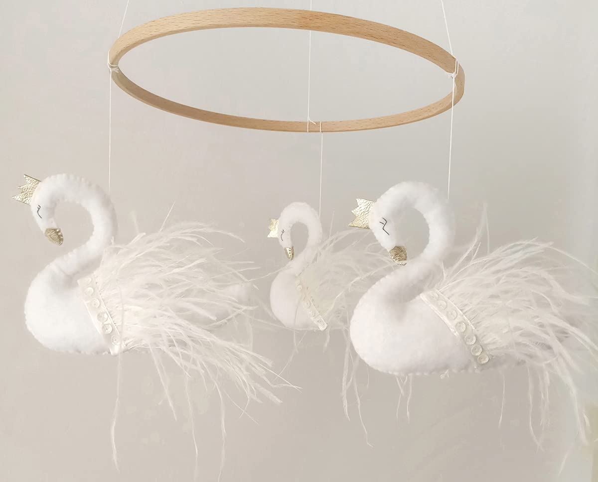 Elegant Swan Baby Mobile - White Feather Princess Swan Nursery Decor with Crown for Baby Girls | Perfect for Crib, Nursery Room & Baby Shower Gifts
