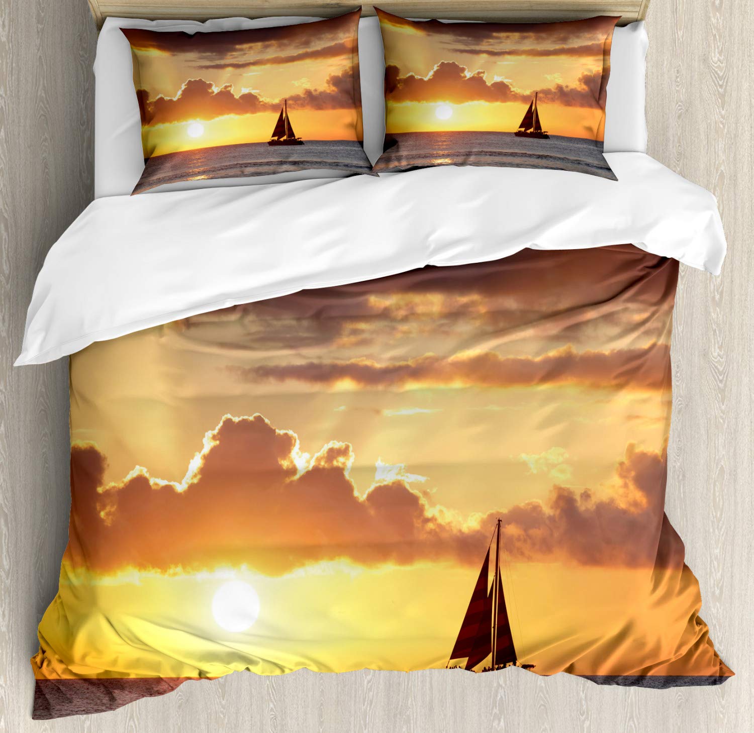 Ambesonne Ocean Duvet Cover Set King Size - Boat Sunset Digital Print Bedding Set with 2 Duvet Covers & 4 Pillowcases, Grey and Marigold - Coastal Beach House Decor, Nautical Theme Bedroom, Guest Room Essentials