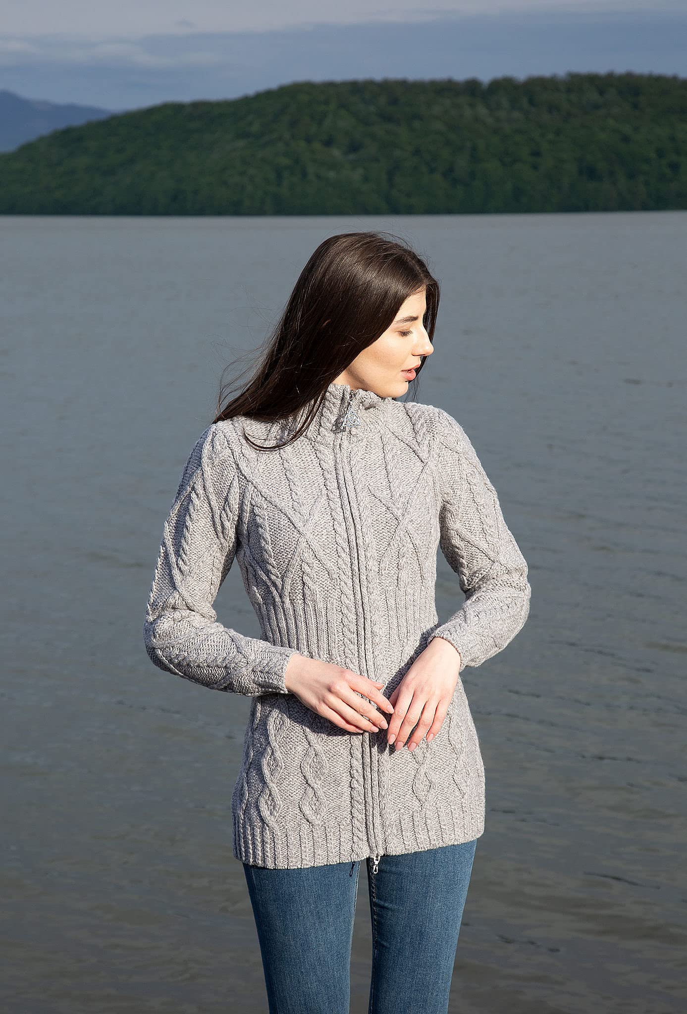 SAOL - 100% Merino Wool Women's Cable Knit Cardigan Full Zip Sweater | Warm Winter Coat for Women | Perfect for Outdoor Activities, Office Wear & Casual Outfits
