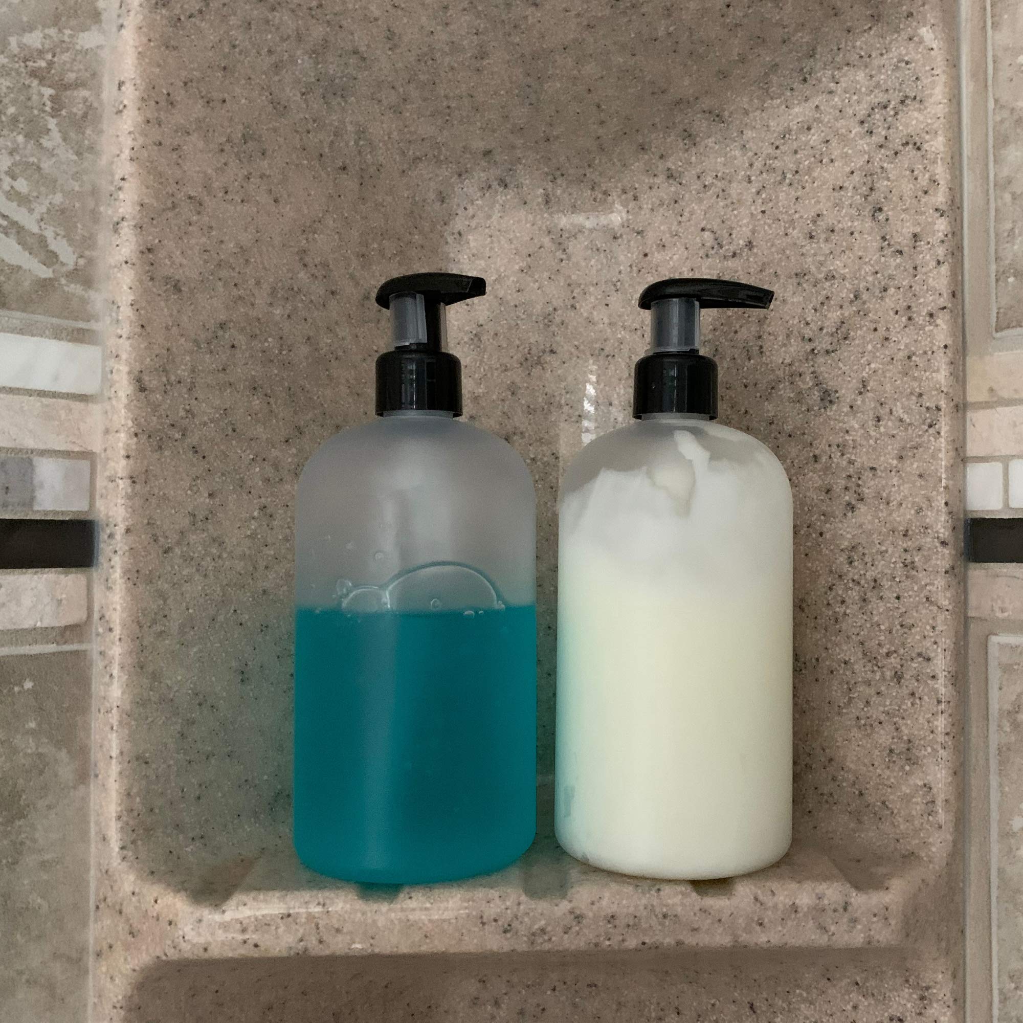 16 oz Empty PET Plastic Refillable Bottles with Lotion Pumps - Set of 4 (Frosted Clear) - Drip Free & Rust-Free for Shampoo, Conditioner, Body Wash, Hand Soap, Dish Soap, Lotion & Cleanser - Perfect for Bathroom, Kitchen & Travel Organization