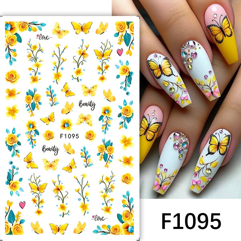 3D Yellow Butterfly Flower Nail Stickers F1095 - Elegant Nail Art Decals for Manicure, Perfect for Parties, Weddings & Special Occasions