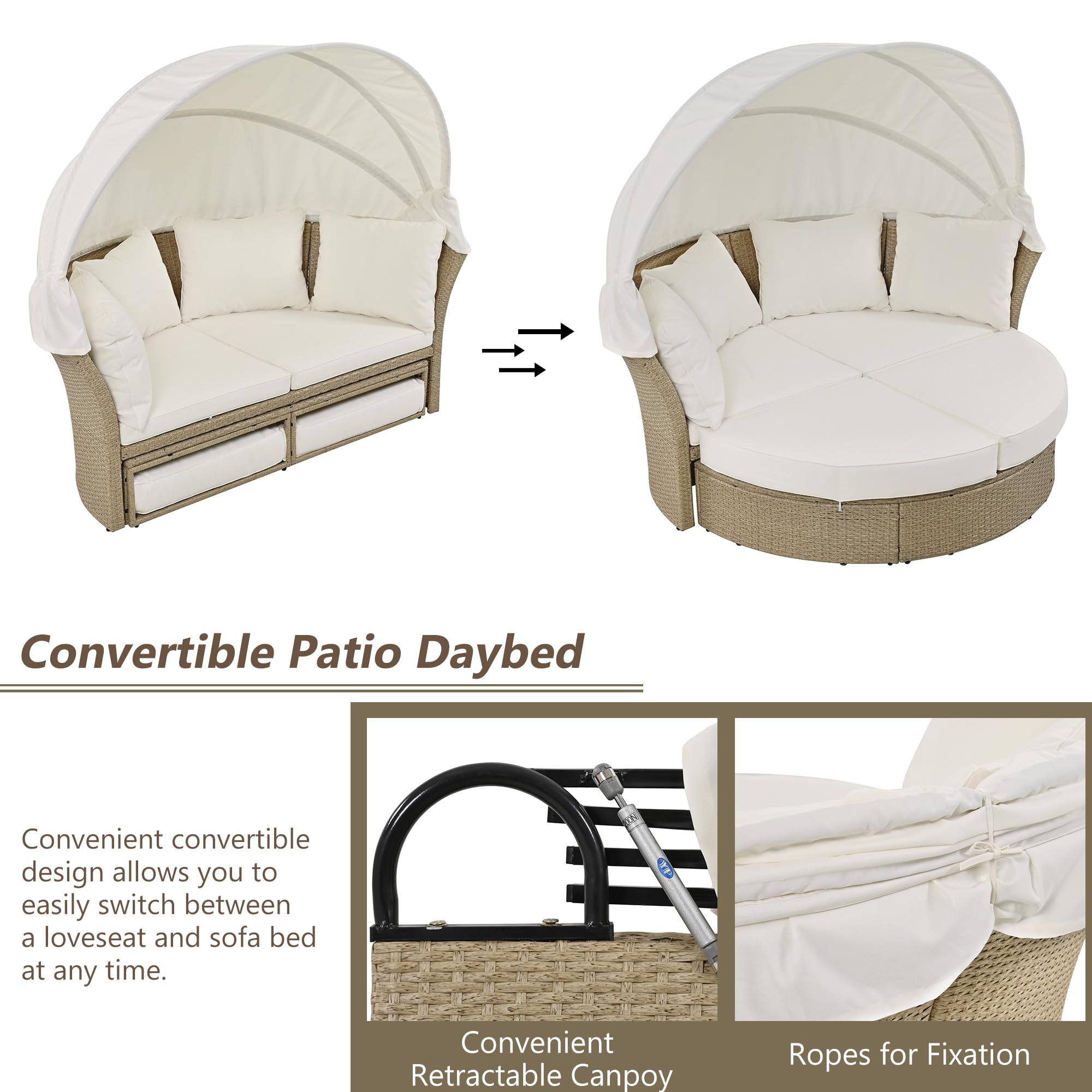 P PURLOVE Outdoor Canopy Bed Patio Daybed with 4 Pillows - Wicker Rattan Double Daybed Round Sofa Set with Retractable Canopy - 2-Person Patio Furniture for Lawn, Garden, Backyard, Poolside (Beige) - Perfect for Relaxing, Sunbathing & Outdoor Lounging