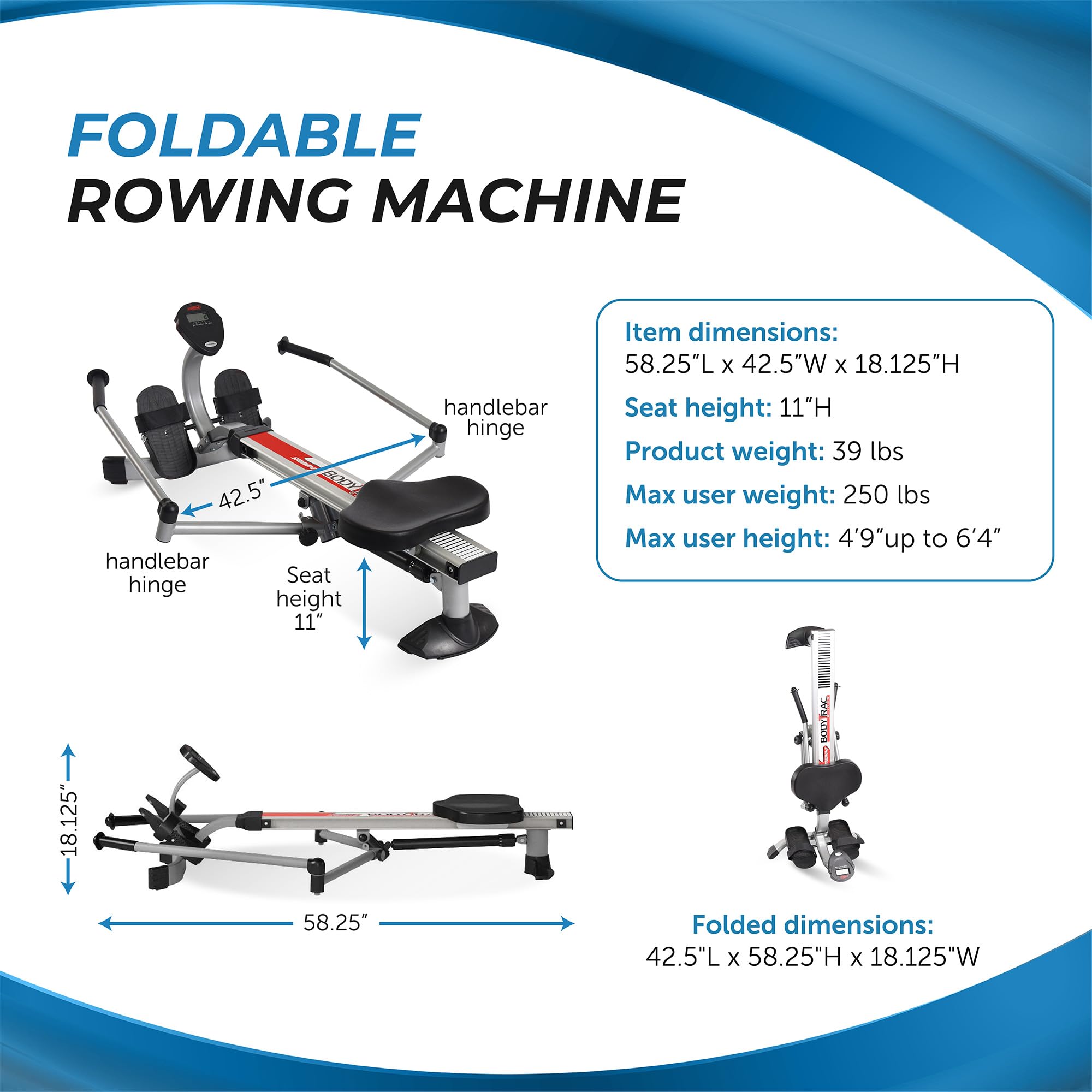 Stamina BodyTrac Glider Hydraulic Rowing Machine with Smart Workout App - Home Gym Rower with Adjustable Cylinder Resistance (250 lbs Capacity) - Perfect for Small Spaces & Full-Body Workouts