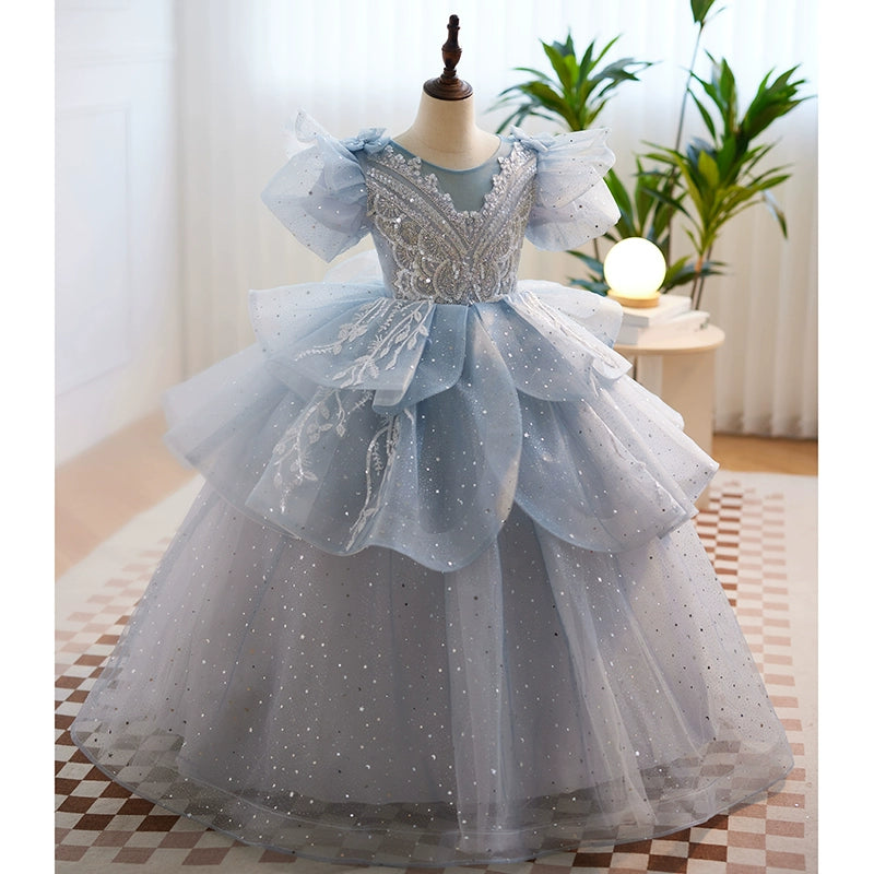 Dusty Blue Princess Round Floor-Length Tulle Flower Girl Dress for Weddings & Special Occasions