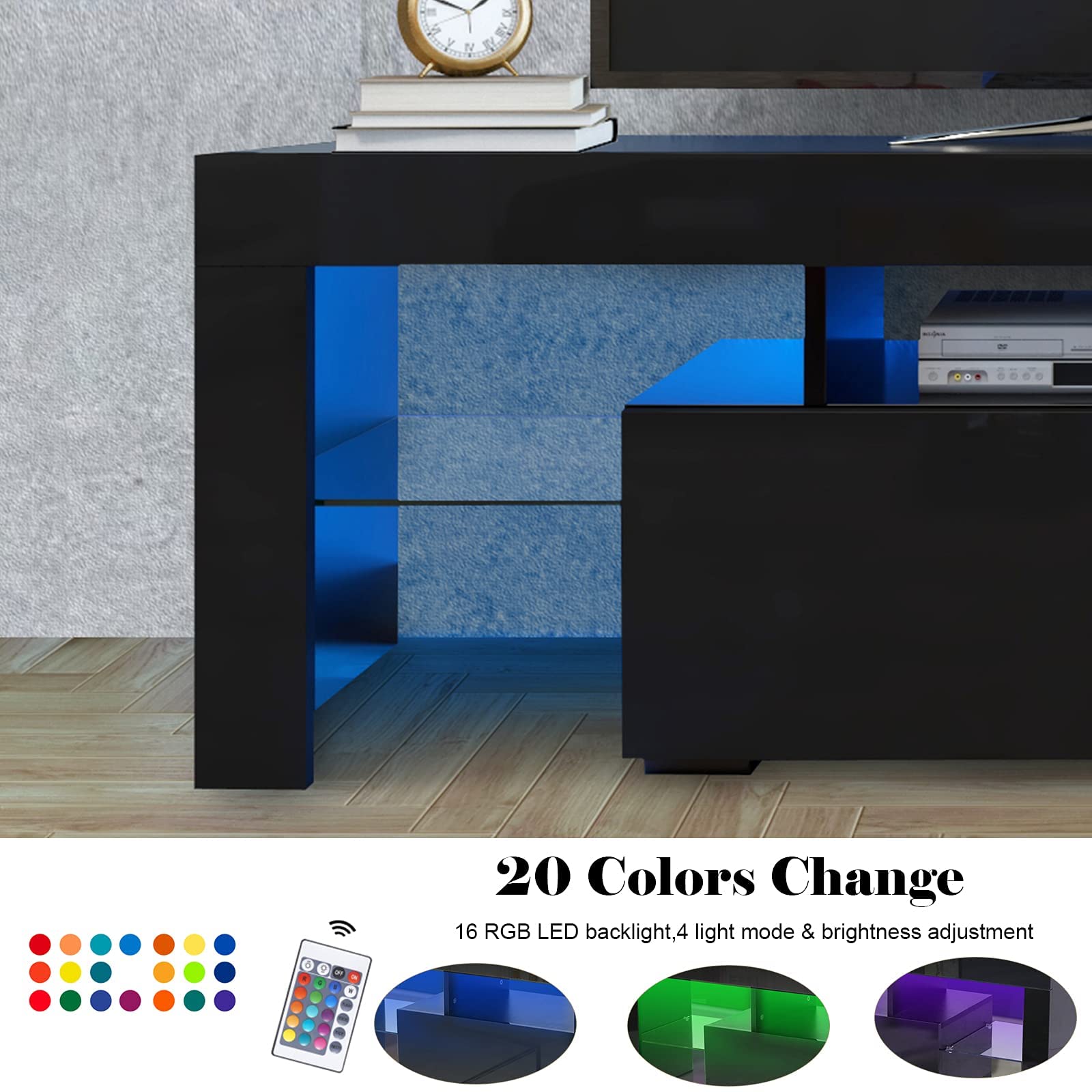 63 Inch High Glossy Modern TV Stand with LED Lights - 16 Color Changing TV Cabinet with 2 Storage Drawers - Entertainment Center for 70 Inch TVs - Black Living Room Furniture for Home Theater & Gaming Setup