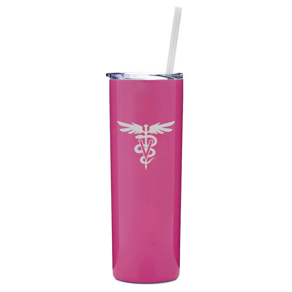 20 oz Skinny Tall Stainless Steel Vacuum Insulated Tumbler with Straw - Vet & Veterinarian Symbol Design (Hot Pink) | Perfect Travel Mug for Coffee, Tea & Cold Drinks | Great Gift for Vets & Animal Lovers