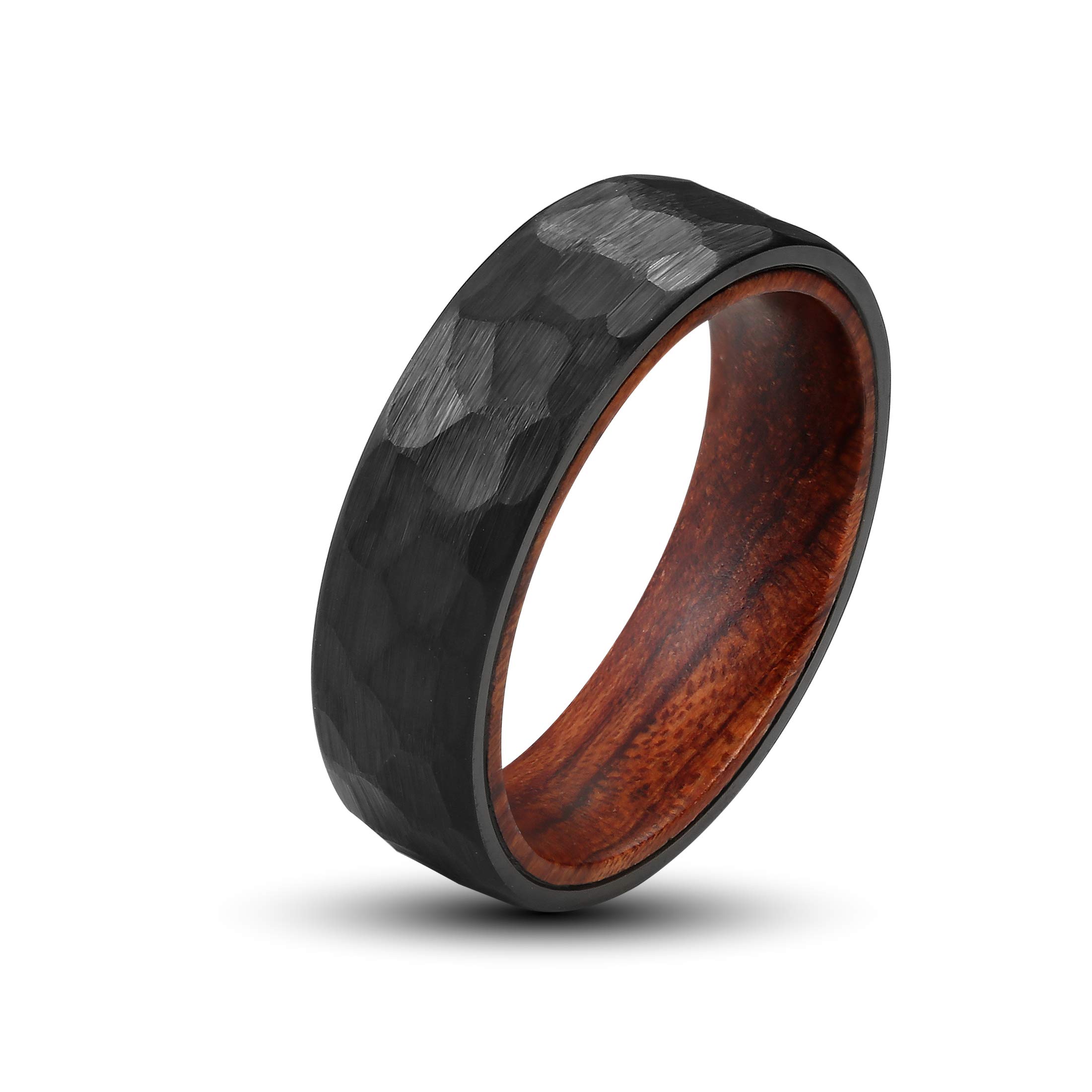 8mm Black Tungsten Carbide Men's Ring with Hammered Finish & KOA Wood Inlay - Comfort Fit Wedding Band for Men, Ideal for Everyday Wear and Special Occasions