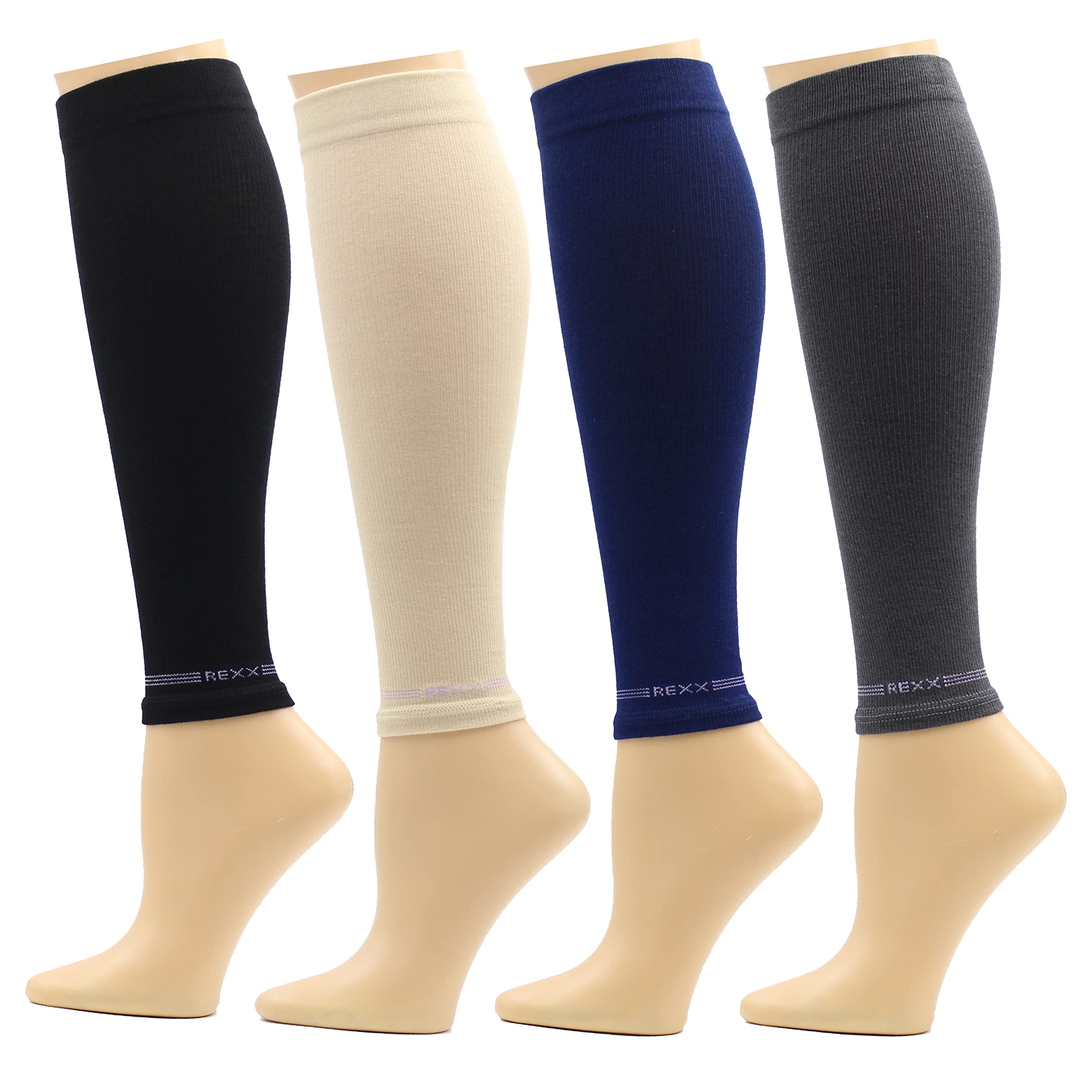 REXX 4 Pairs Calf Compression Sleeves for Men & Women - Breathable Cotton Blend Leg Support Sleeves for Running, Workout & Recovery - Ideal for Athletes, Nurses & Travelers