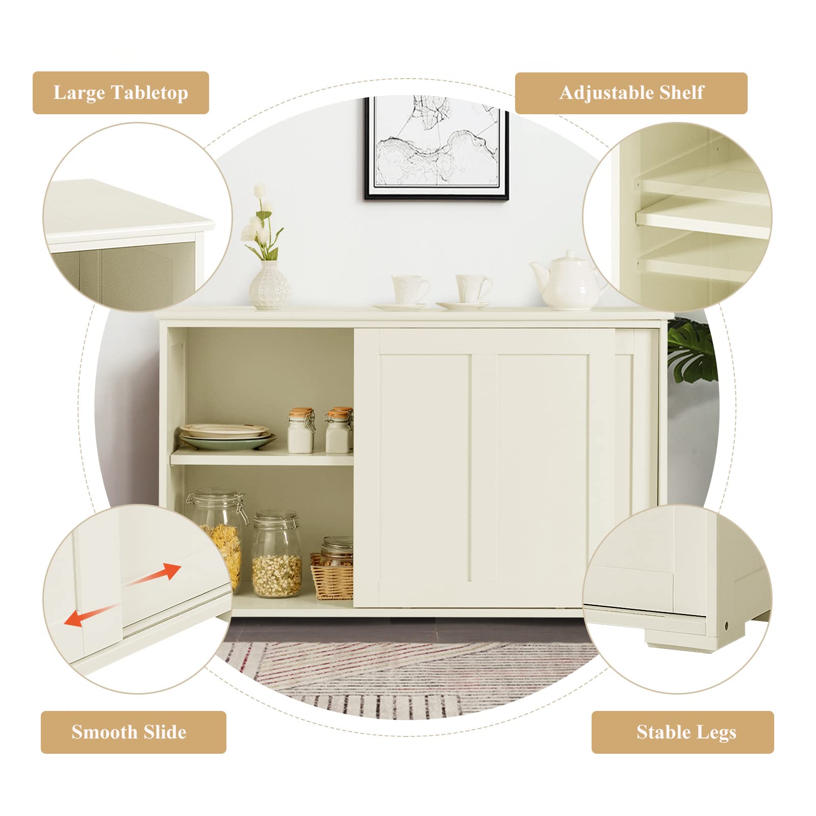 Mayjooy White Kitchen Buffet Cabinet with Sliding Doors & Adjustable Shelves - Modern Credenza Storage Cabinet, Sideboard Console Table for Living Room, Dining Room, Hallway - Perfect for Home Organization & Entertaining Guests