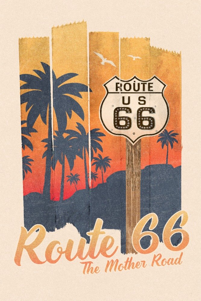 Route 66 The Mother Road Palm Tree Sunset Metal Wall Art - 12x18 Gallery Quality Aluminum Decor for Living Room, Bedroom & Office - Vintage Travel Inspired Tape Art Print