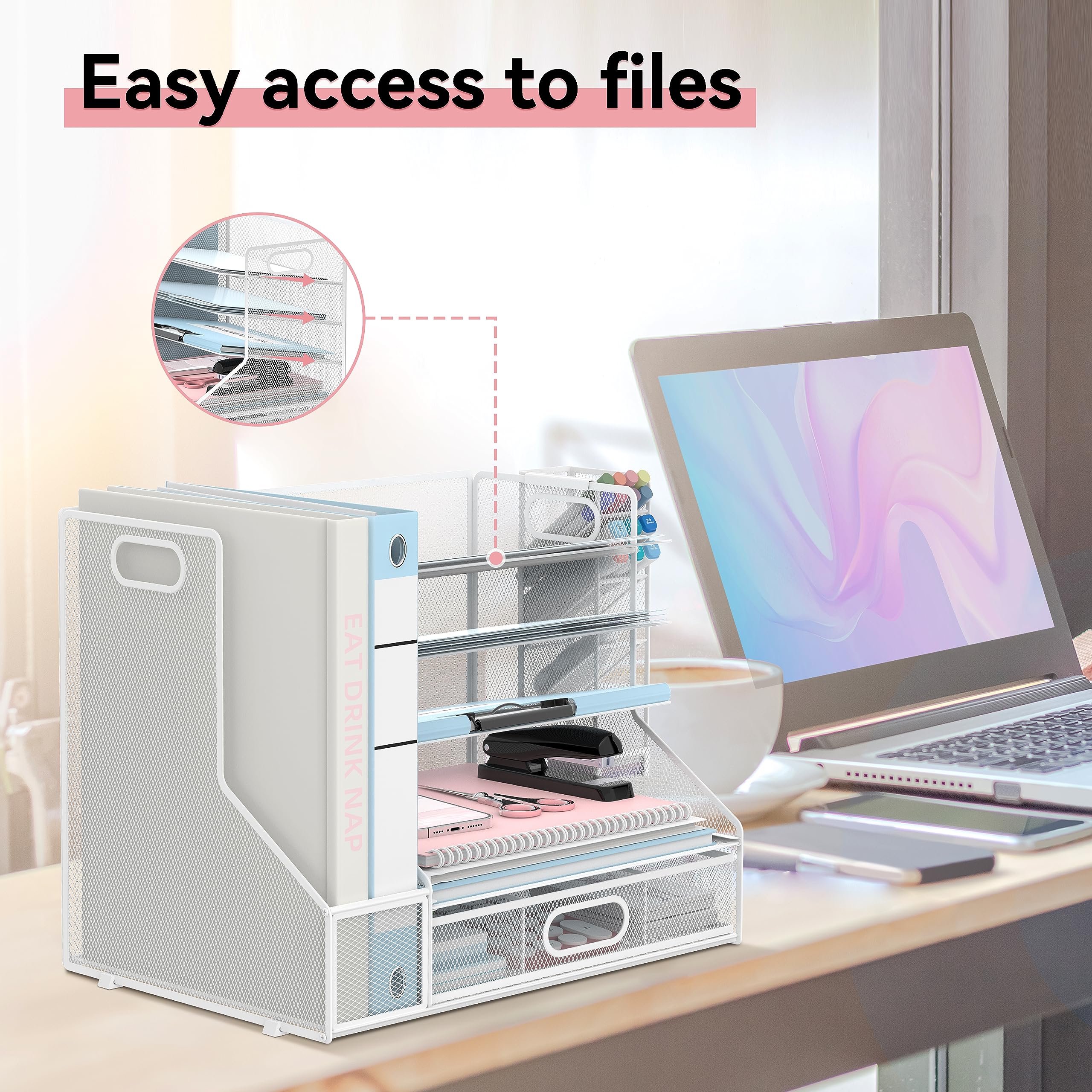 SUPEASY 5-Tier Mesh Desk Organizer with File Holder & 3 Tilted Sorters - White Office Paper Letter Tray for Documents, Mail, and Office Supplies | Perfect for Home Office, Workstation & School Desk Organization