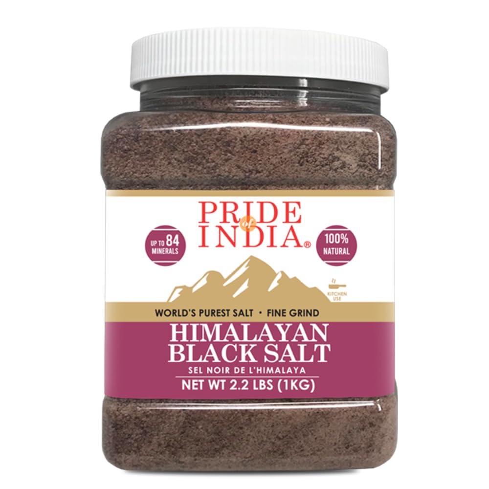 Pride of India Himalayan Black Rock Salt (Kala Namak) - Fine Grind 2.2 lb (1 kg) - 84+ Natural Minerals - Ideal for Cooking, Vegan Dishes, Seasoning & Spa Use - Perfect for Tofu Scramble, Salads, Bath Soaks & Gourmet Recipes