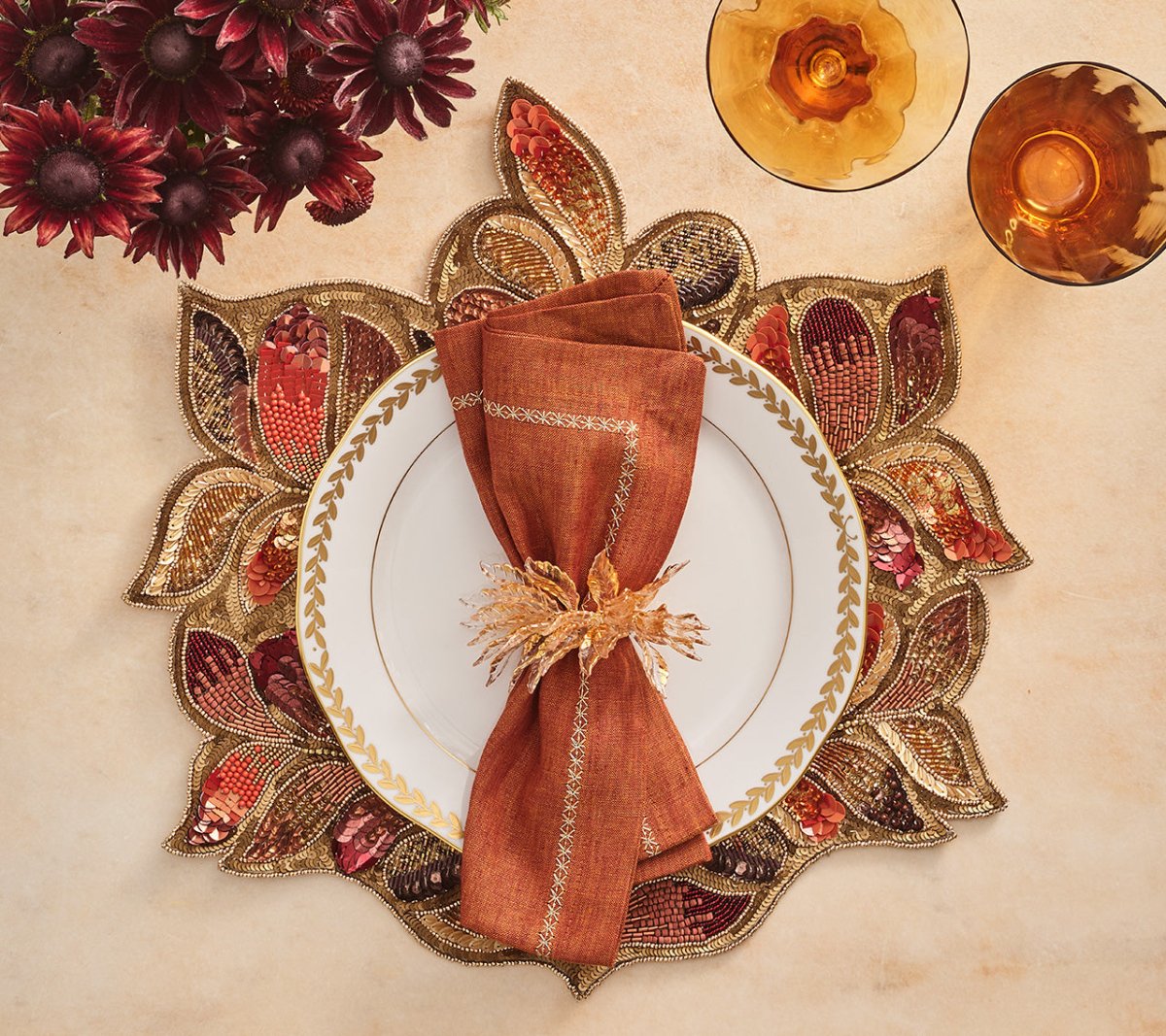 Elegant Gold Gilded Leaves Napkin Rings Set of 4 - Perfect for Thanksgiving, Christmas Dinner & Wedding Table Decorations