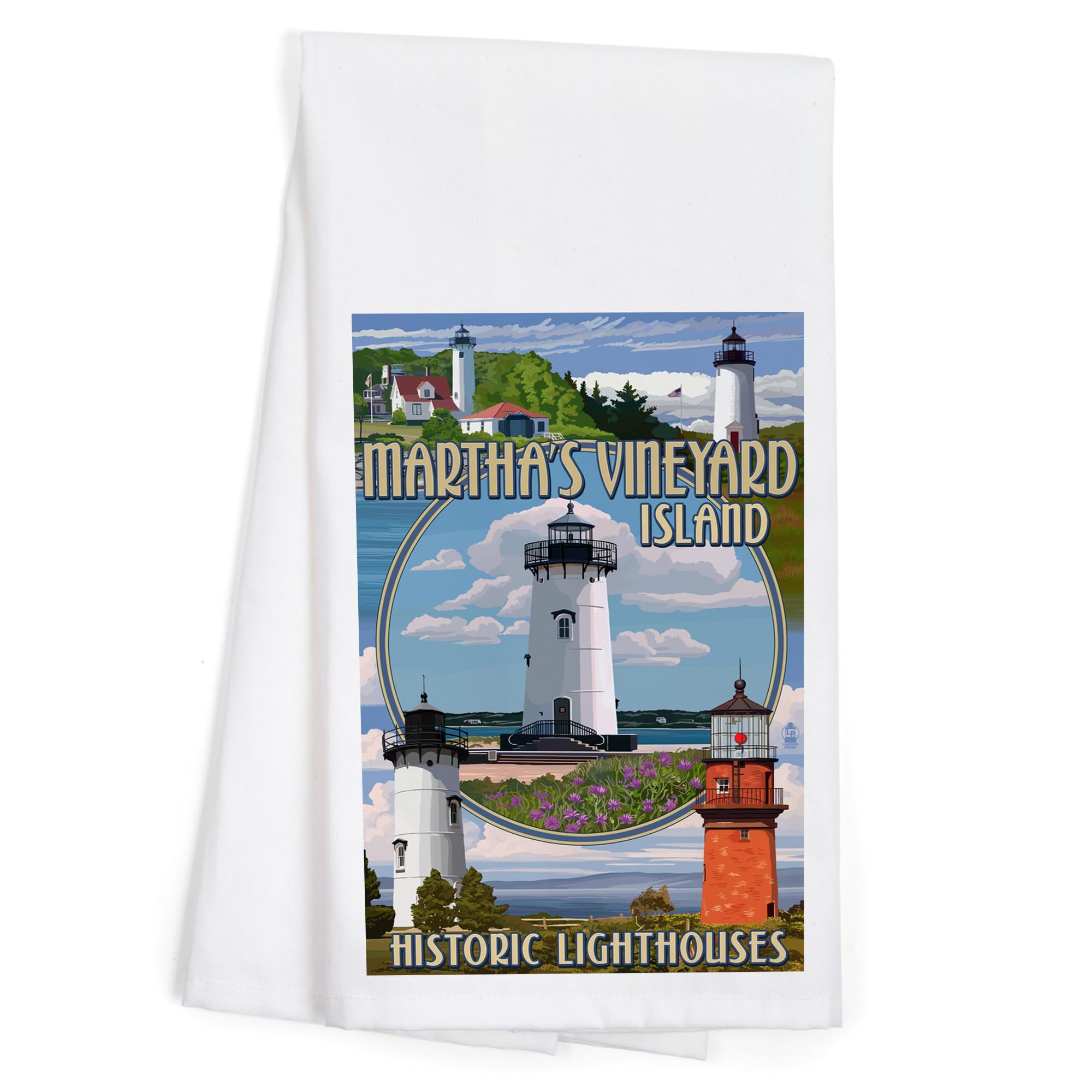 Lantern Press Martha's Vineyard Lighthouses Montage Cotton Tea Towel - 100% Cotton Decorative Hand Towel for Kitchen, Bathroom & Home Decor - Perfect for Dish Drying, Gift Giving & Coastal Themed Decor
