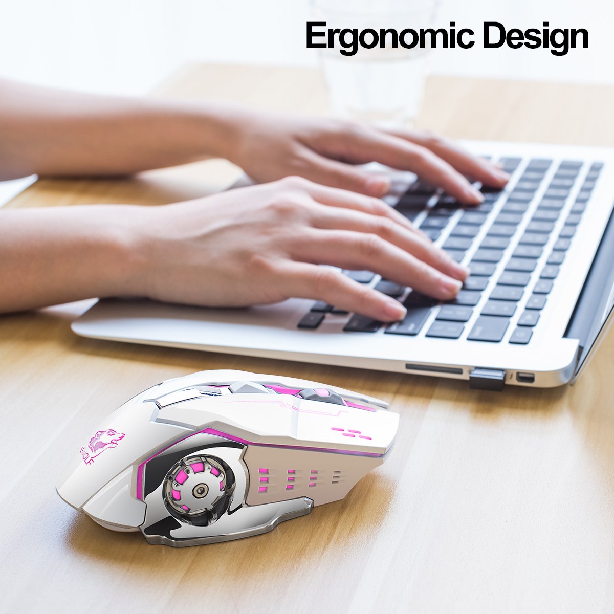 LexonElec Rechargeable Wireless Mouse - 2.4GHz Silent Optical Gaming Mouse with 7-Color LED Backlight, 1800DPI, 6 Buttons, Ergonomic Design for PC & Laptop (White) | Perfect for Office Work, Gaming, and Home Use