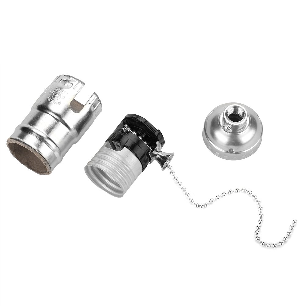 Vintage Aluminum Light Socket with Pull Chain - Screw Base Desk Lamp Holder & Switch - Silver Finish for Home Office, Bedroom, and Study Room Lighting