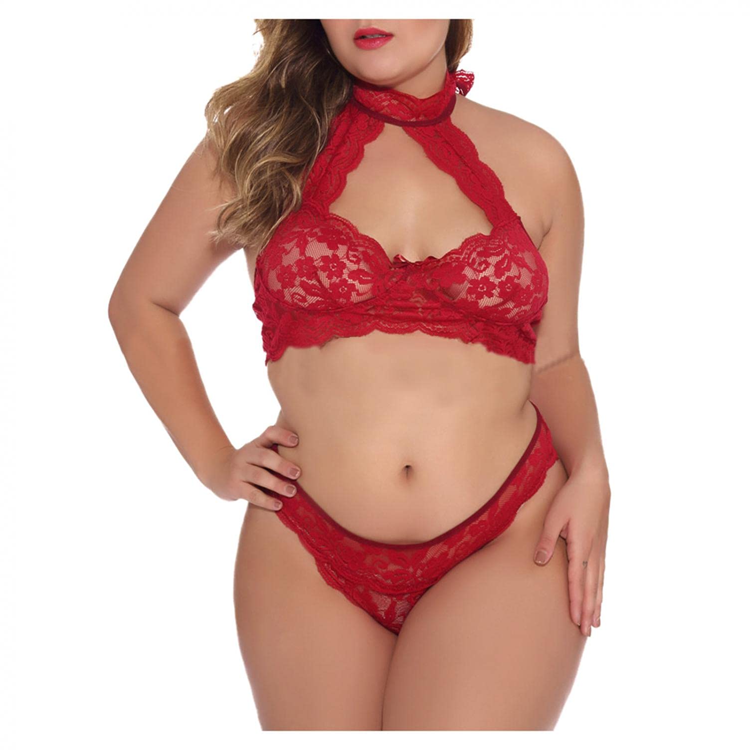 **Sexy Plus Size Hemlock Women's Halter Floral Lace Bra & Thong Set - Comfortable Sleepwear & Lingerie for Date Night, Boudoir & Special Occasions**