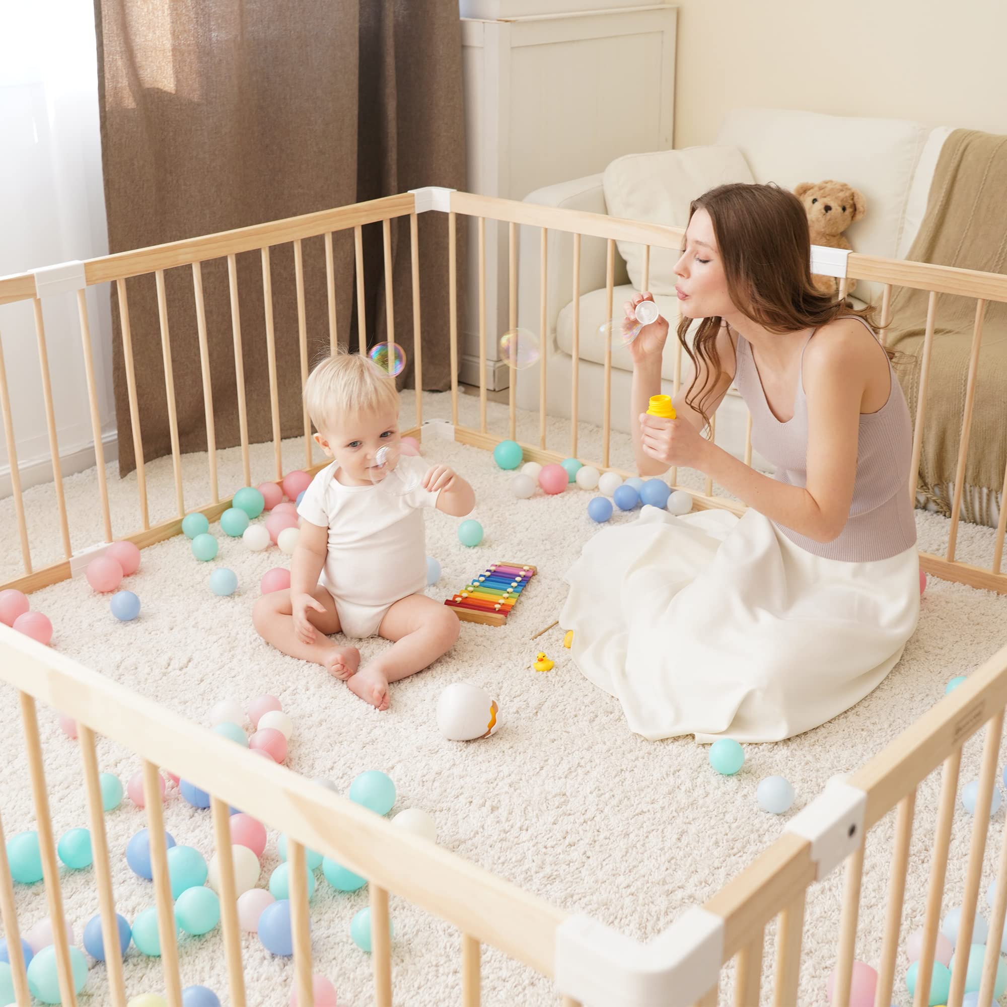 **Large Wooden Baby Playpen 71x59x24 Inches - Safe & Sturdy Toddler Play Yard with Door for Indoor/Outdoor Use - Perfect for Playtime, Learning & Activity Centers**