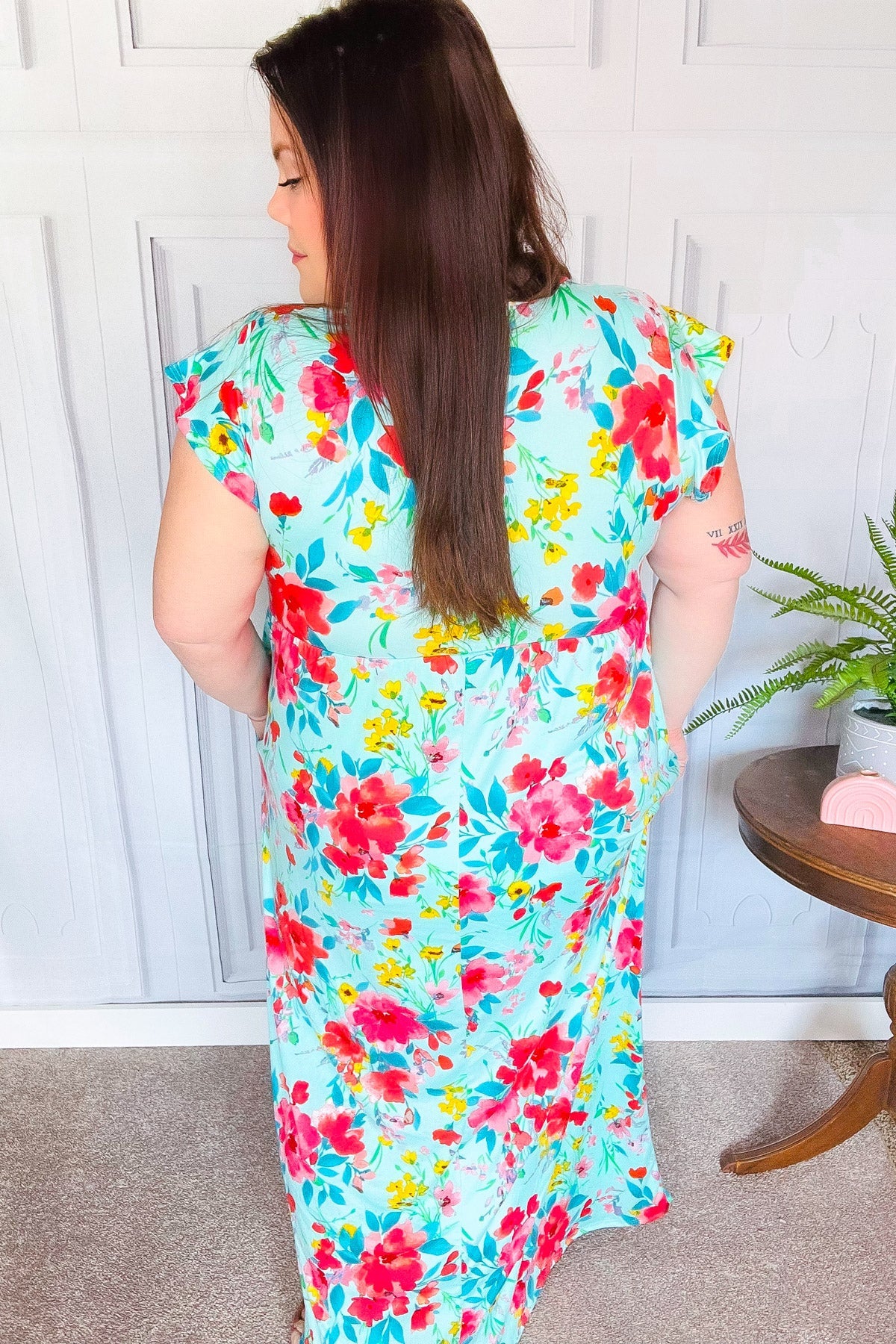 Aqua Floral Fit & Flare Maxi Dress for Women - Summer Beach Wedding Party Dress - Flowy Long Dress with V-Neck & Ruffle Hem