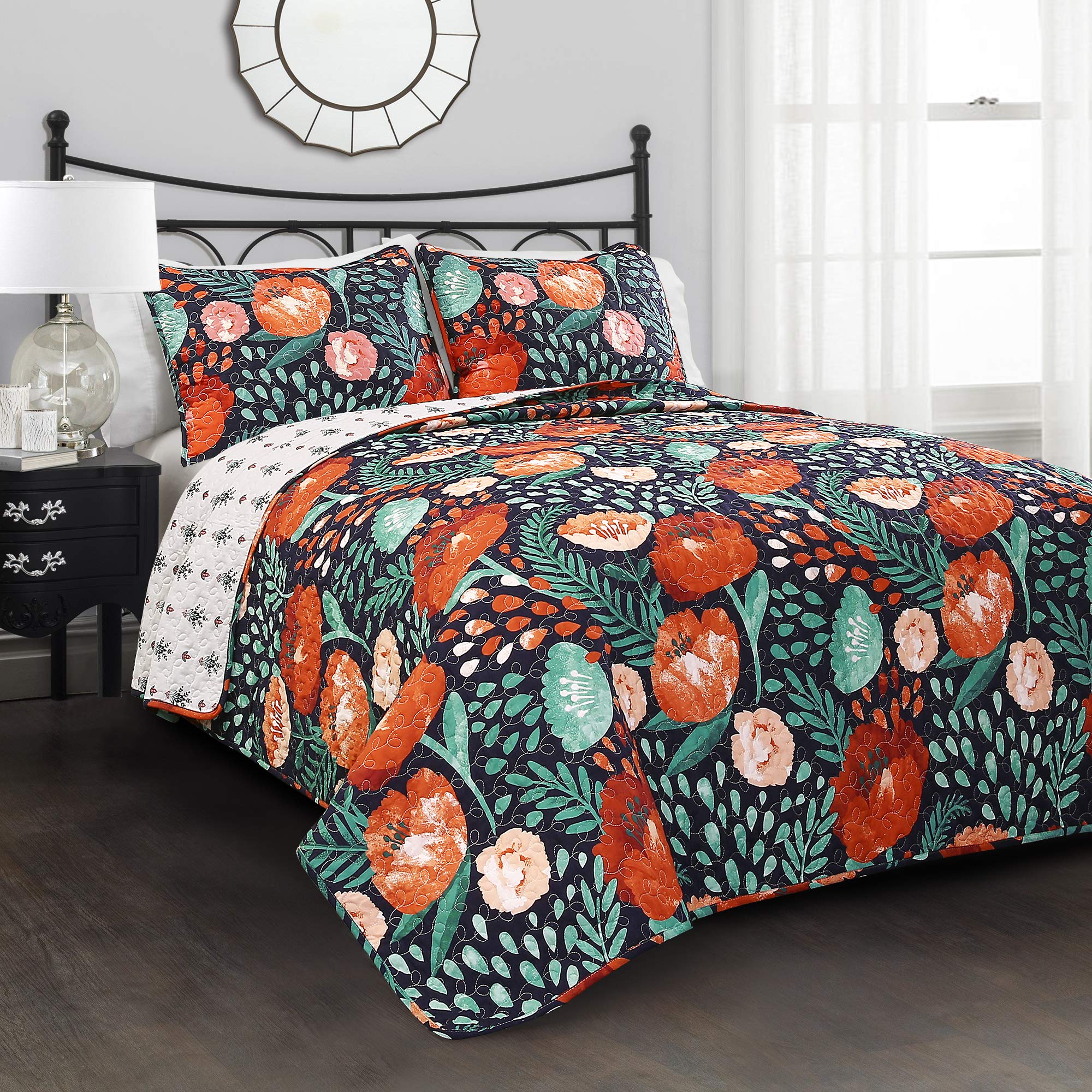 Lush Decor 3-Piece Poppy Garden Quilt Set - Full/Queen Size Navy Blue Floral Bedding - Perfect for Master Bedroom, Guest Room & Cozy Home Decor