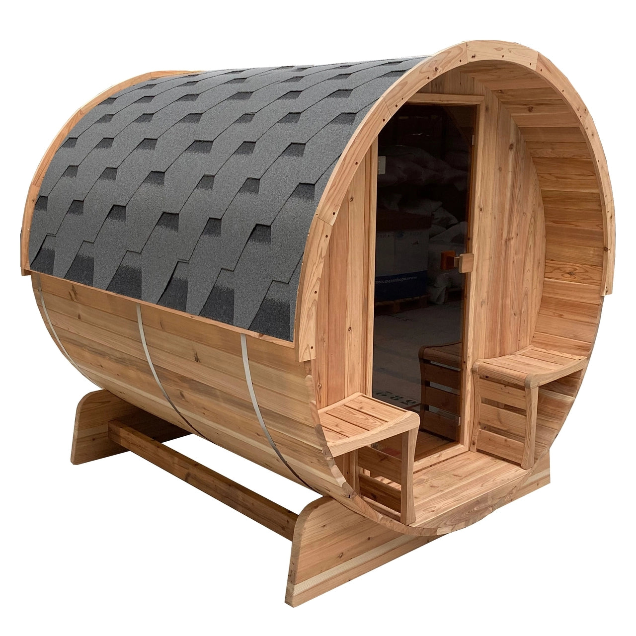 Aleko Outdoor Rustic Cedar Barrel Steam Sauna for 4 People - ETL Certified Front Porch Canopy - Perfect for Backyard Relaxation, Spa Day & Home Wellness Retreats